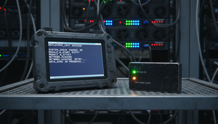 Eye-level view of a rugged terminal screen showing deployment logs beside a small hardware status module.