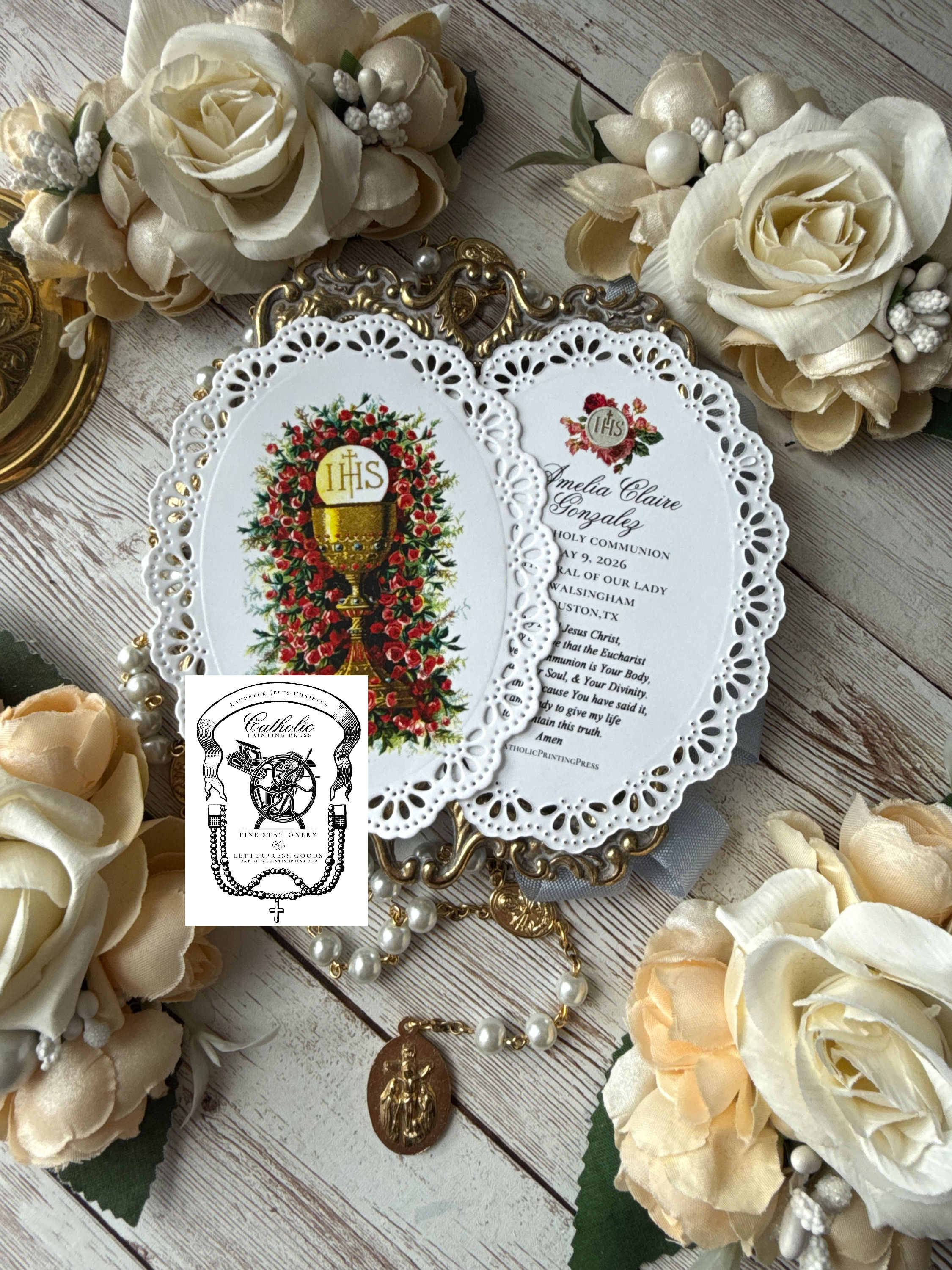Custom  Chalice (Pink Rose) Catholic First Communion Paper Lace Cards