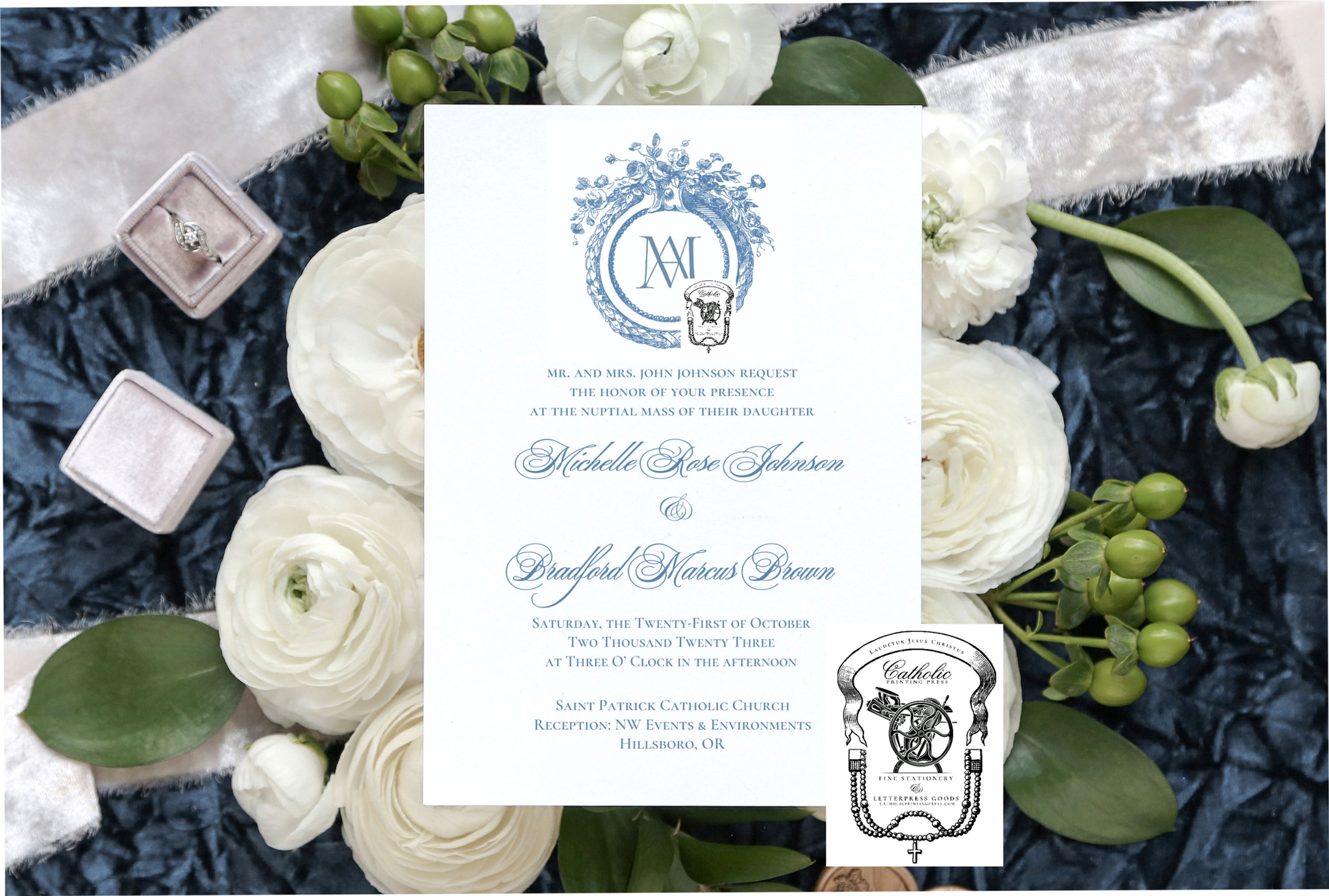 Rosewood Crest Auspice Maria Catholic Wedding Invitations
