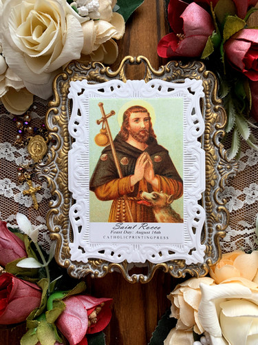 Saint Rocco Baroque paper lace holy card | CatholicPrintPress