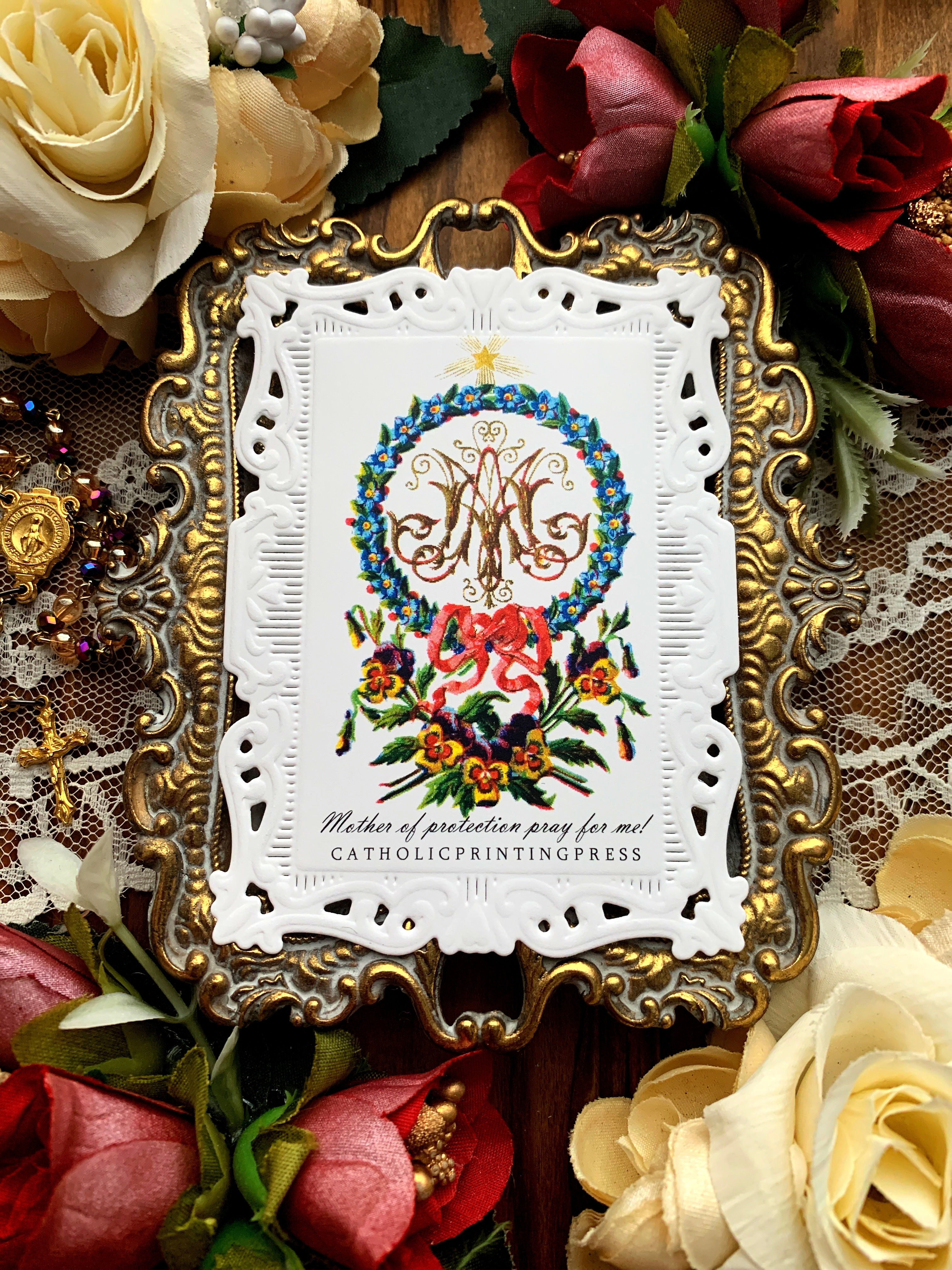 Mother of Protection Auspice Forget Me Not Wreath baroque paper lace holy card