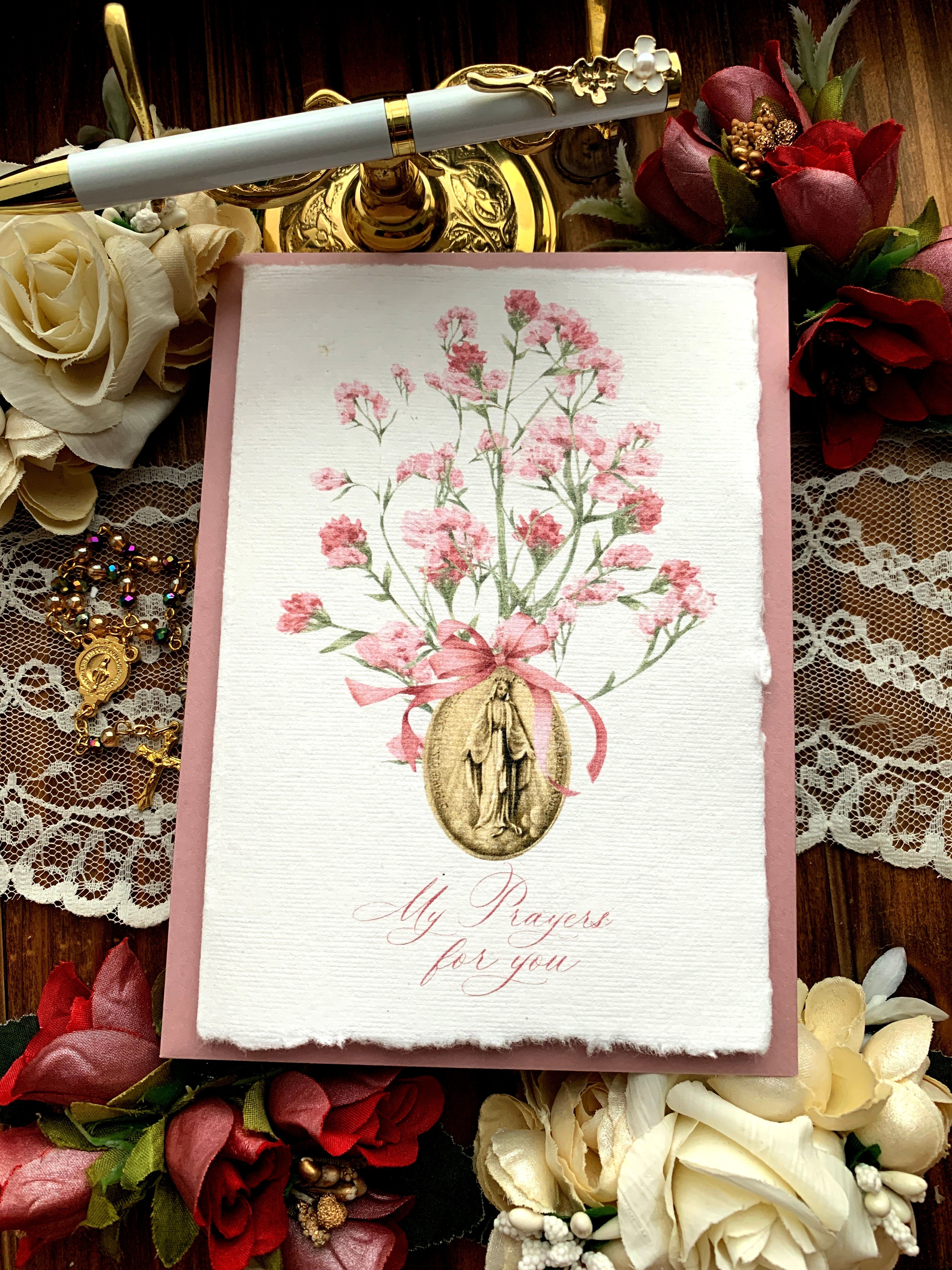 Pink Lisianthus Miraculous Medal Cotton Catholic Spiritual Bouquet Cards
