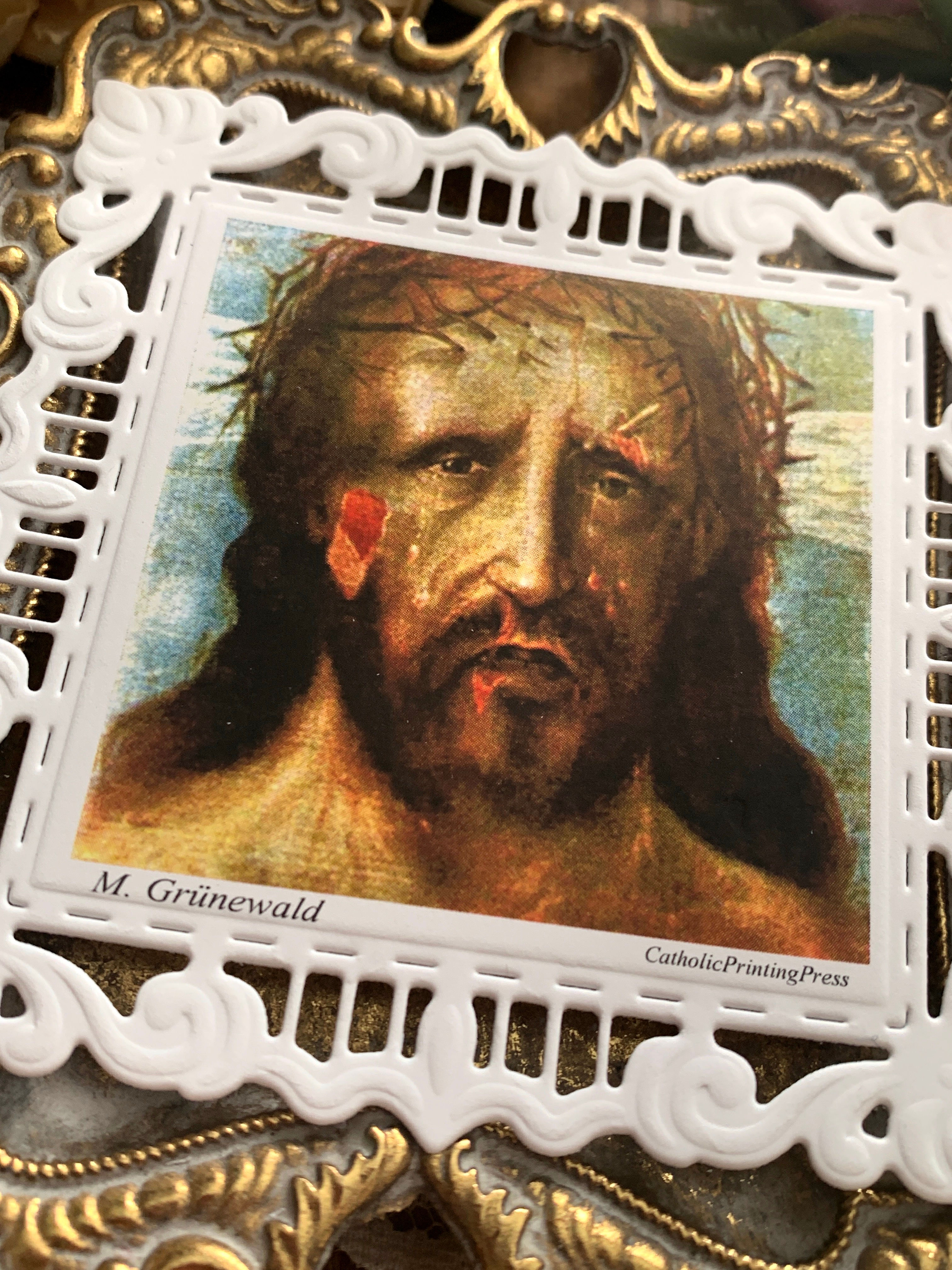 Holy Face Crown of Thorns embossed square paper lace holy card