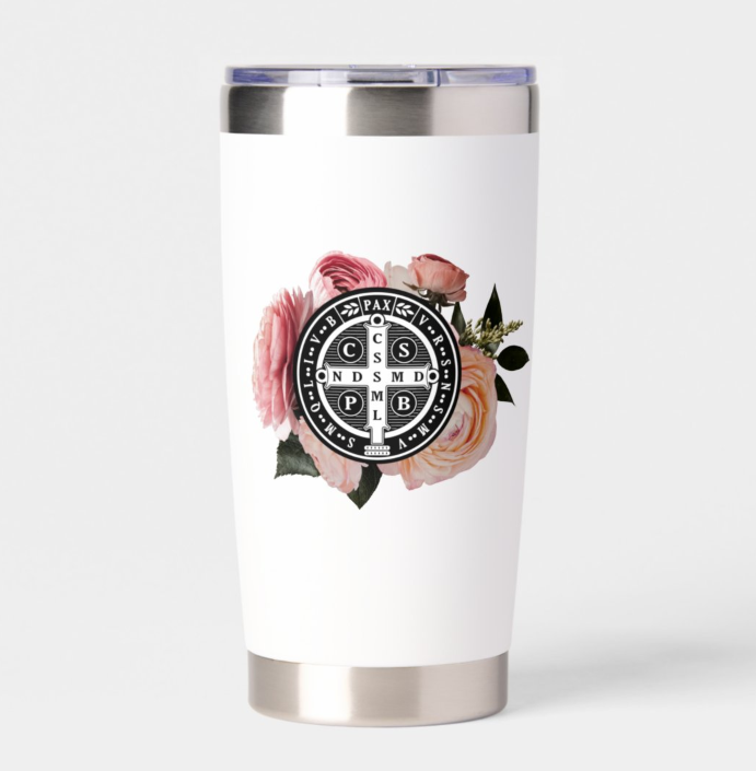 Saint Benedict Ranunculus Rose Catholic Travel Mug