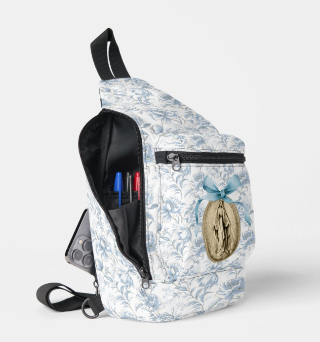 Thumbnail: Blue Toile Miraculous Medal Catholic Cross Body Backpack