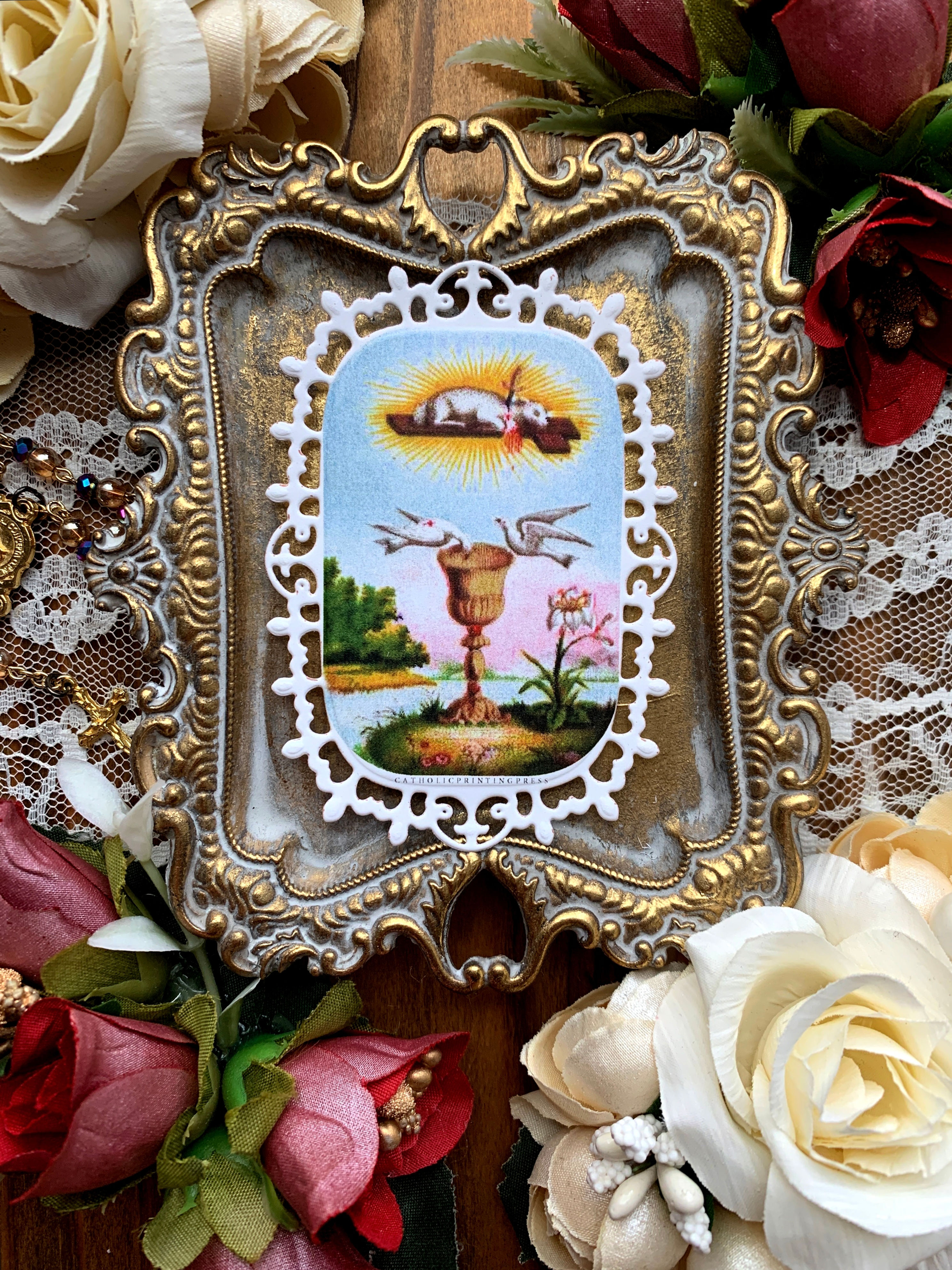 Agnus Dei Blood of Christ fleur de Los cross paper lace holy card