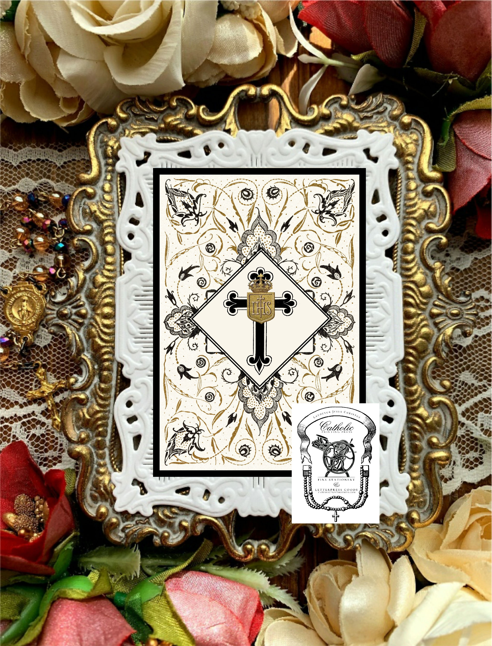 Black and Gold Flourish Traditional Catholic Custom Funeral paper lace holy card