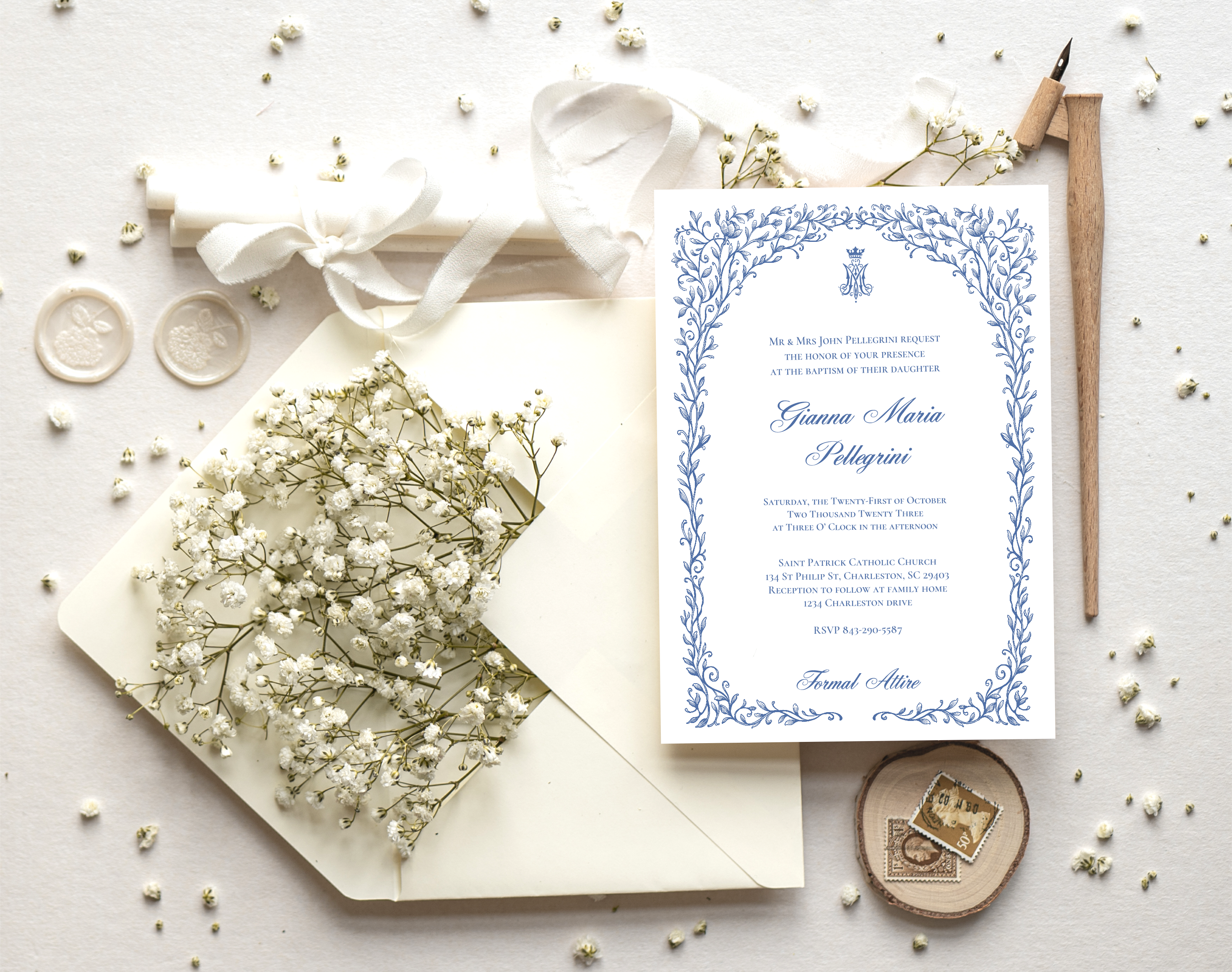Auspice Blue Foliage Catholic Baptism Invitations