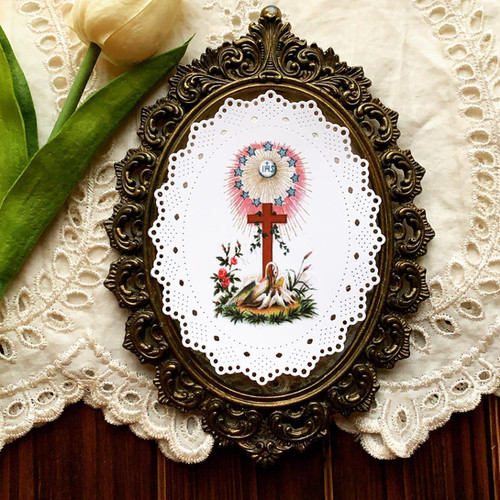 IHS Pelican Oval Paper Lace Holy Card CatholicPrintPress