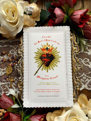 Cease! Sacred Heart tall paper lace holy card | CatholicPrintPress