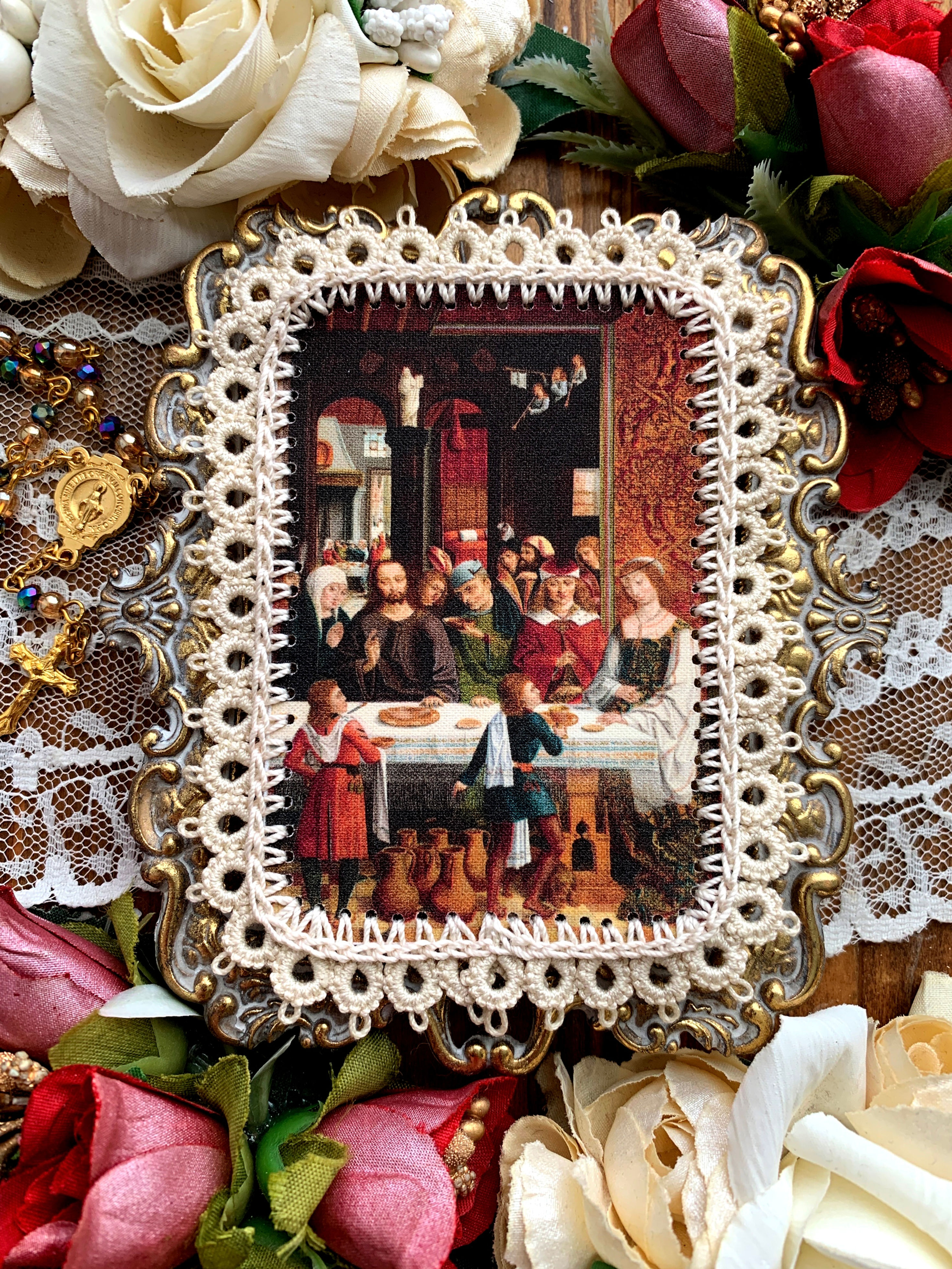 Our Lady of Cana fabric holy card detente