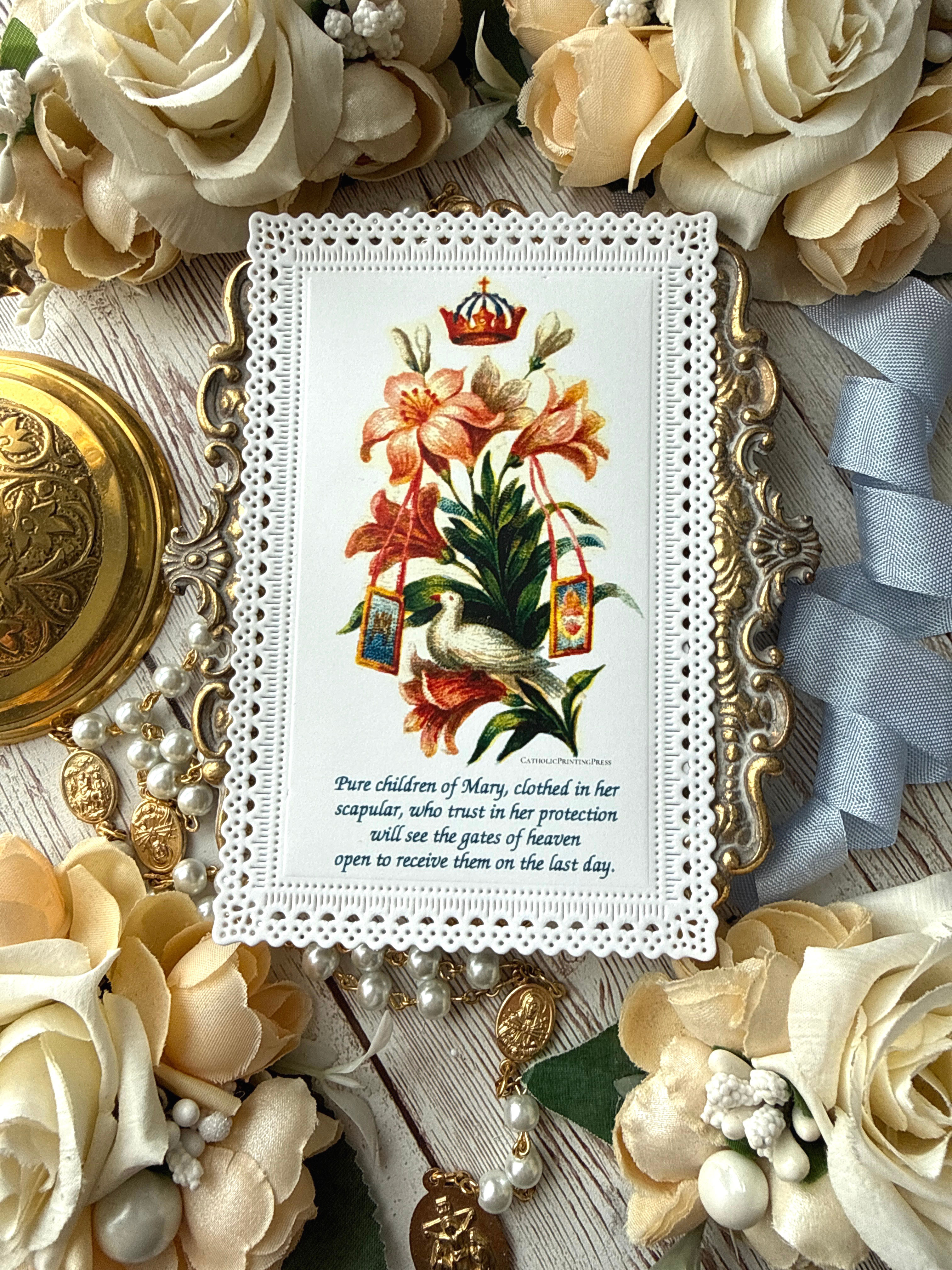 Pure Child Dove of Mary Clothed in Her Scapular Heirloom paper lace holy card