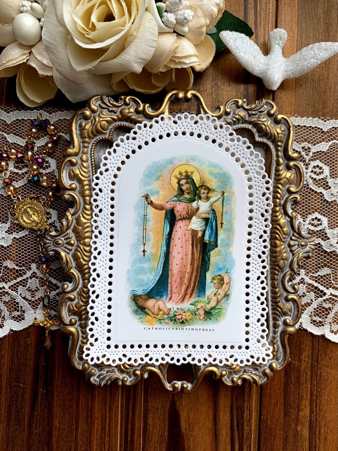 Watercolor Rosary arched paper lace holy card