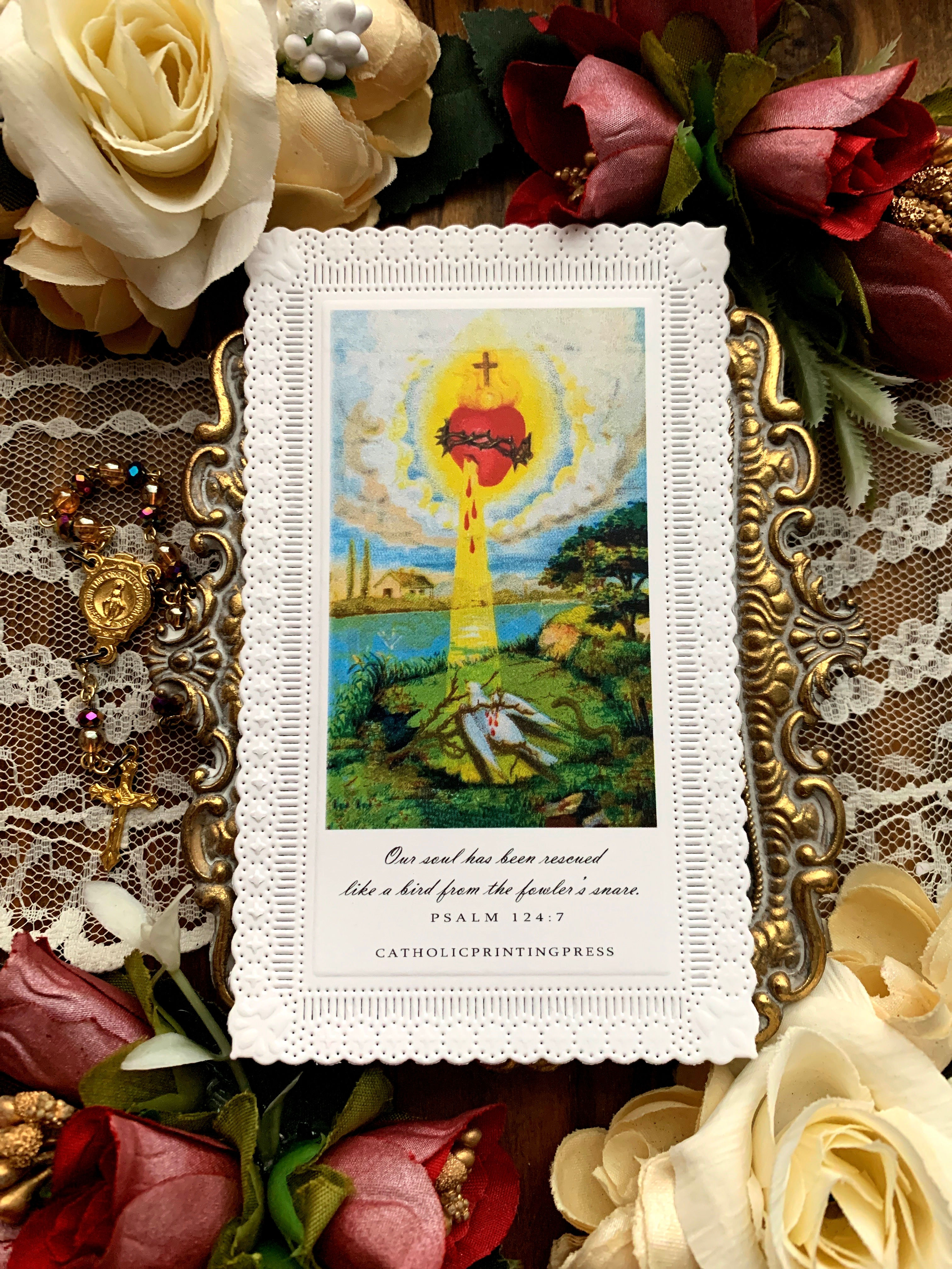 Sacred Heart Psalm 124:7 tall paper lace holy card