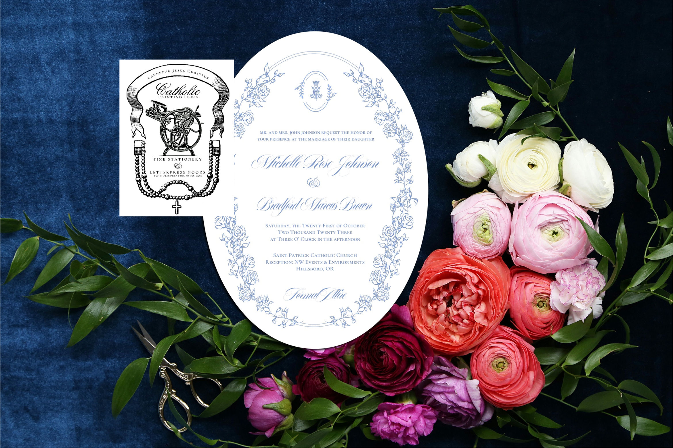 Oval Floral Auspice Laurel Catholic Wedding Invitations
