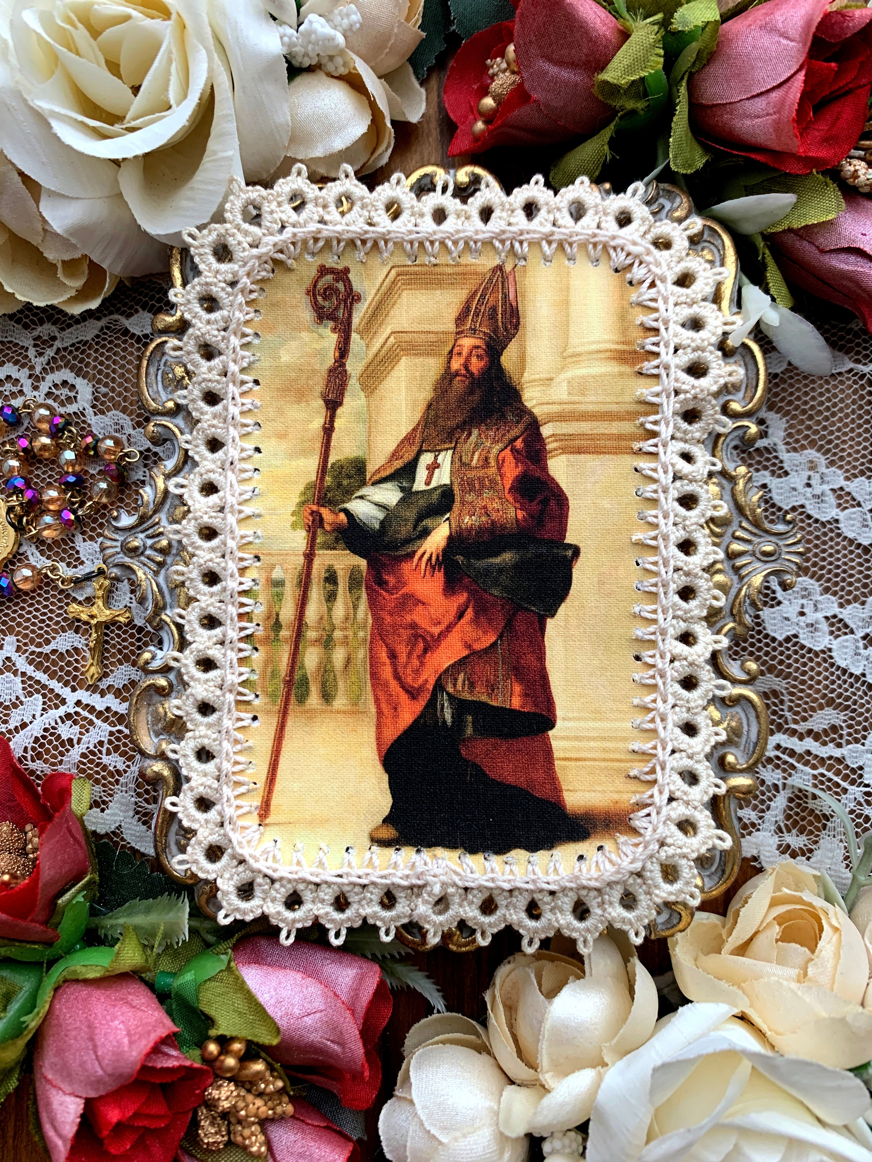 Saint Ambrose fabric lace holy card detente
