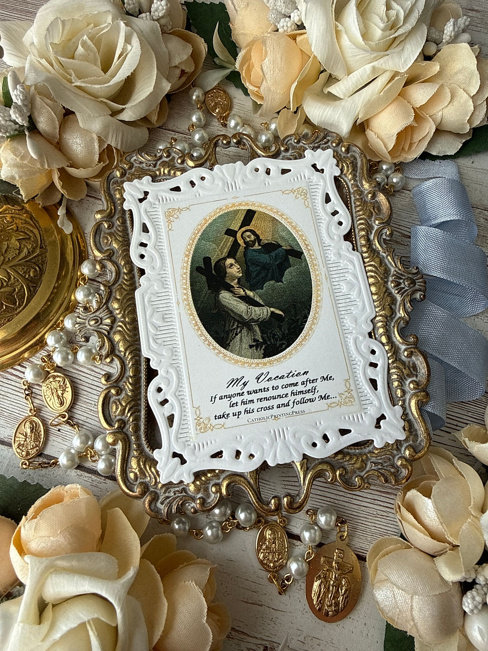 Thumbnail: My Vocation, My Cross baroque paper lace holy card