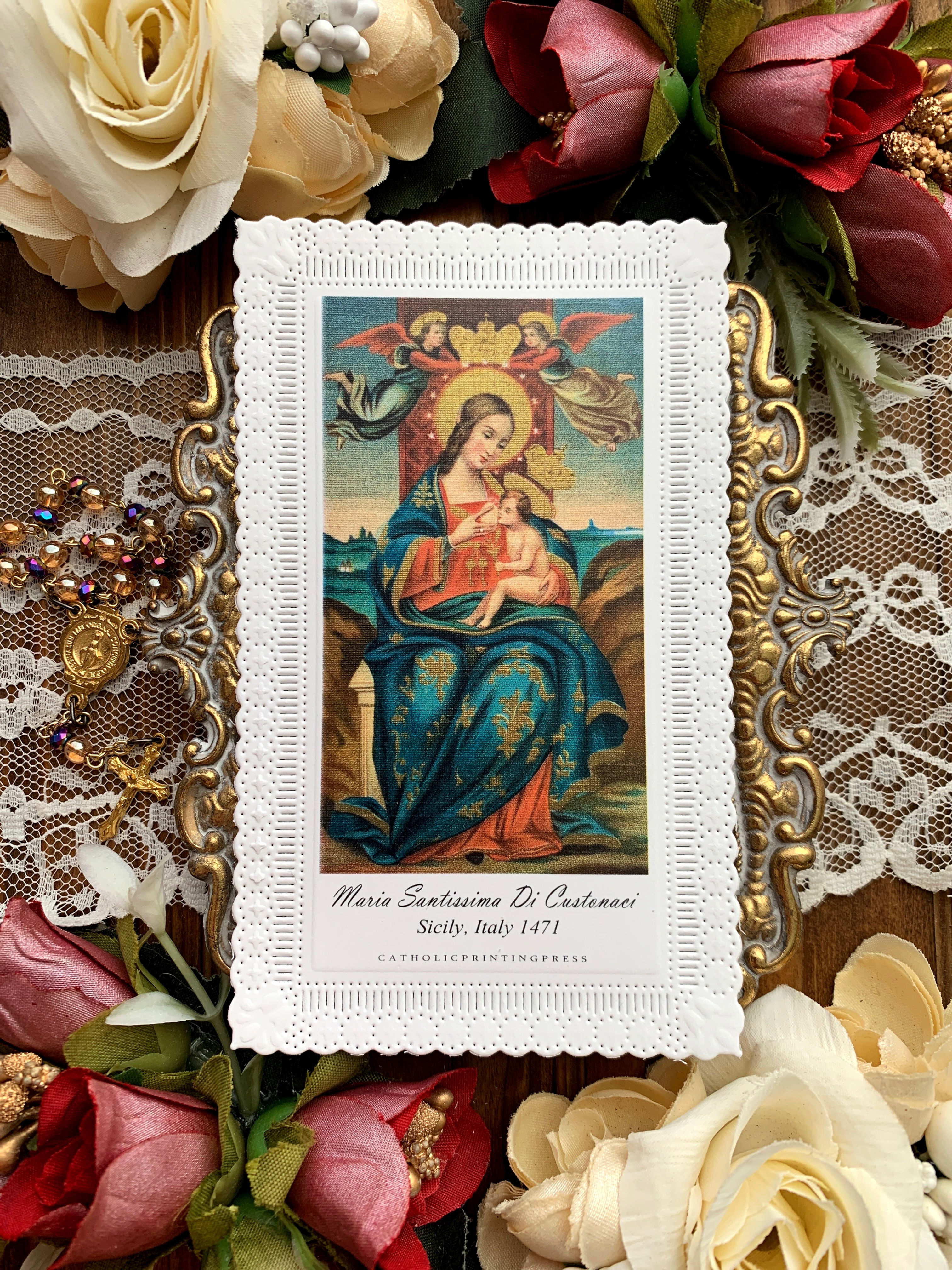 Maria SS Custonaci tall paper lace holy card