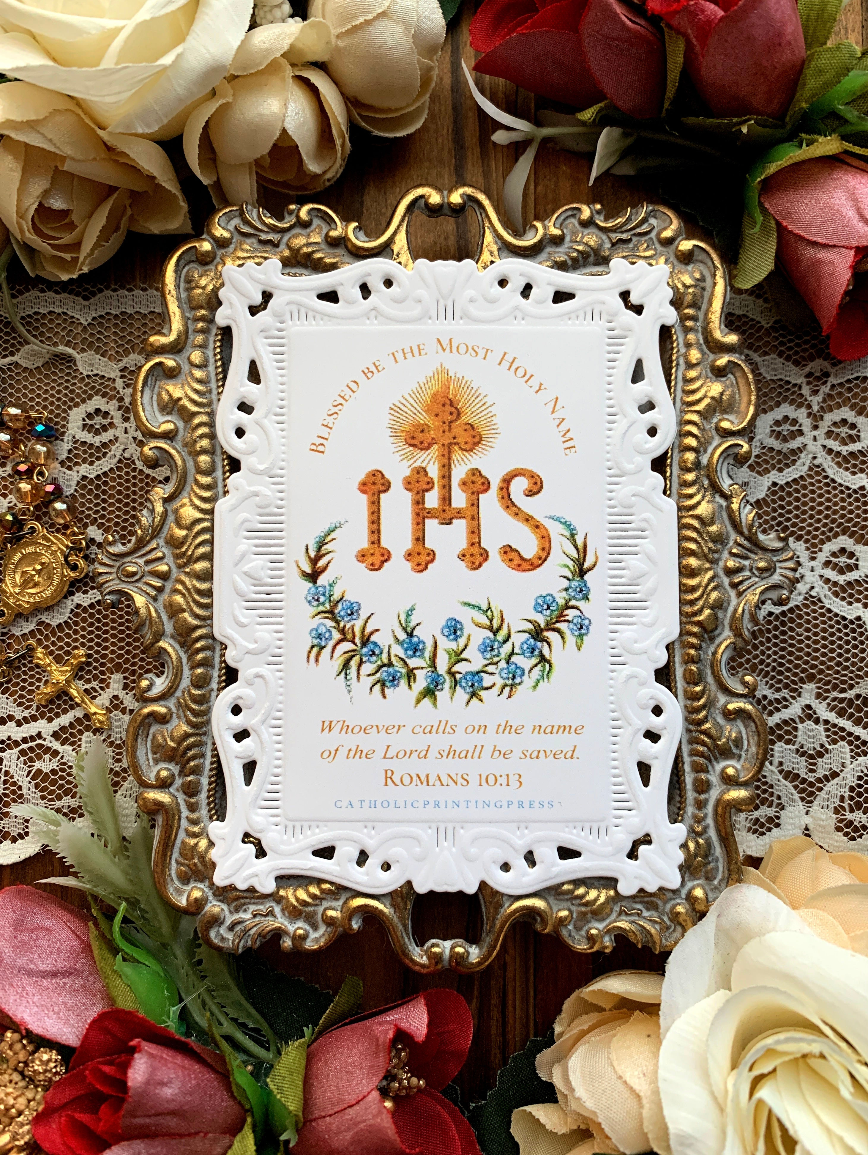 Blessed be The Most Holy Name of Jesus paper lace holy card