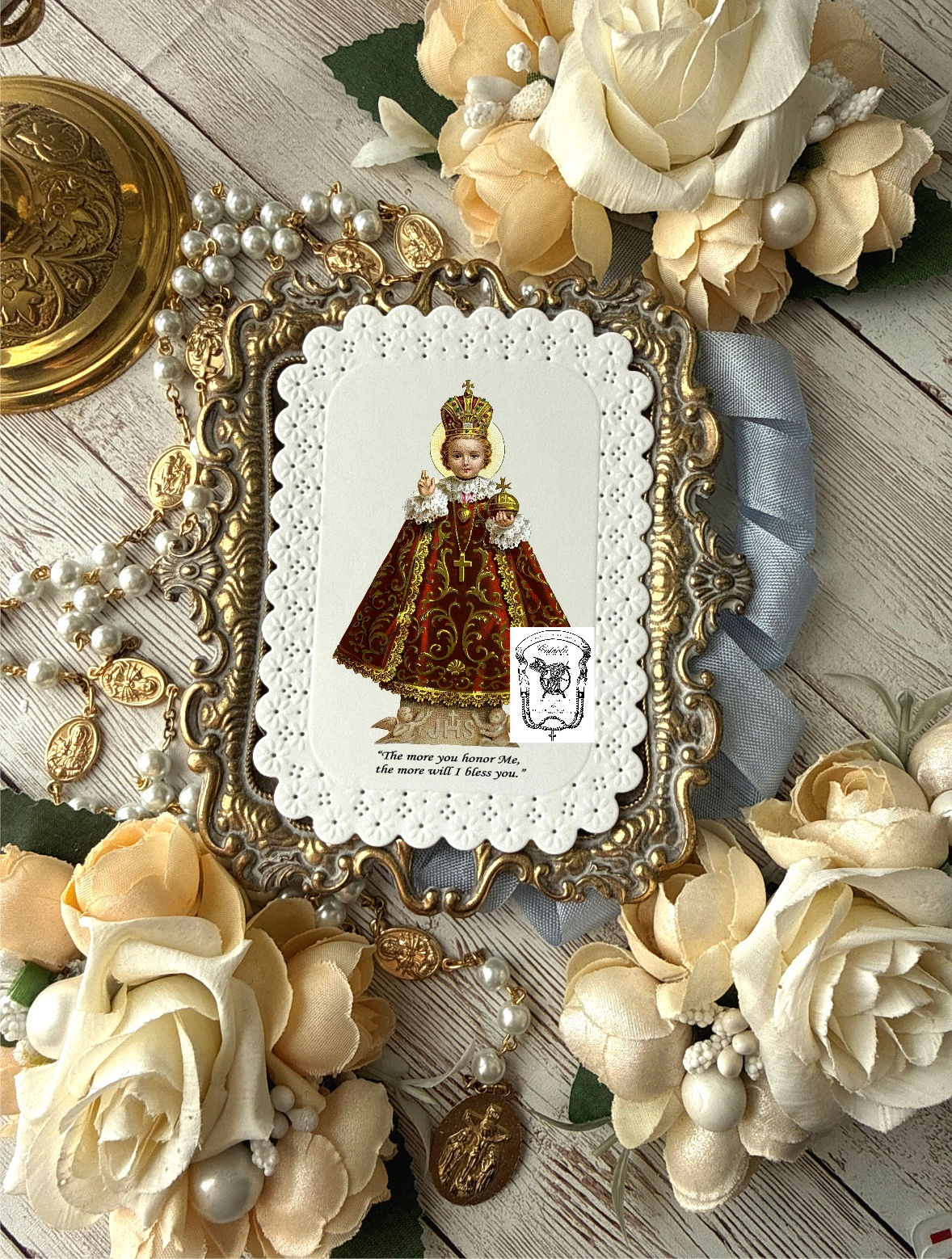 Custom Infant of Prague Red Vestment Flower Lace Embossed paper lace holy cards