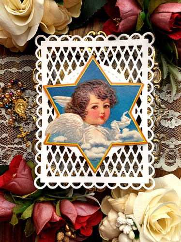 Joyeux Noel Victorian Angel behind the veil lace holy card ...