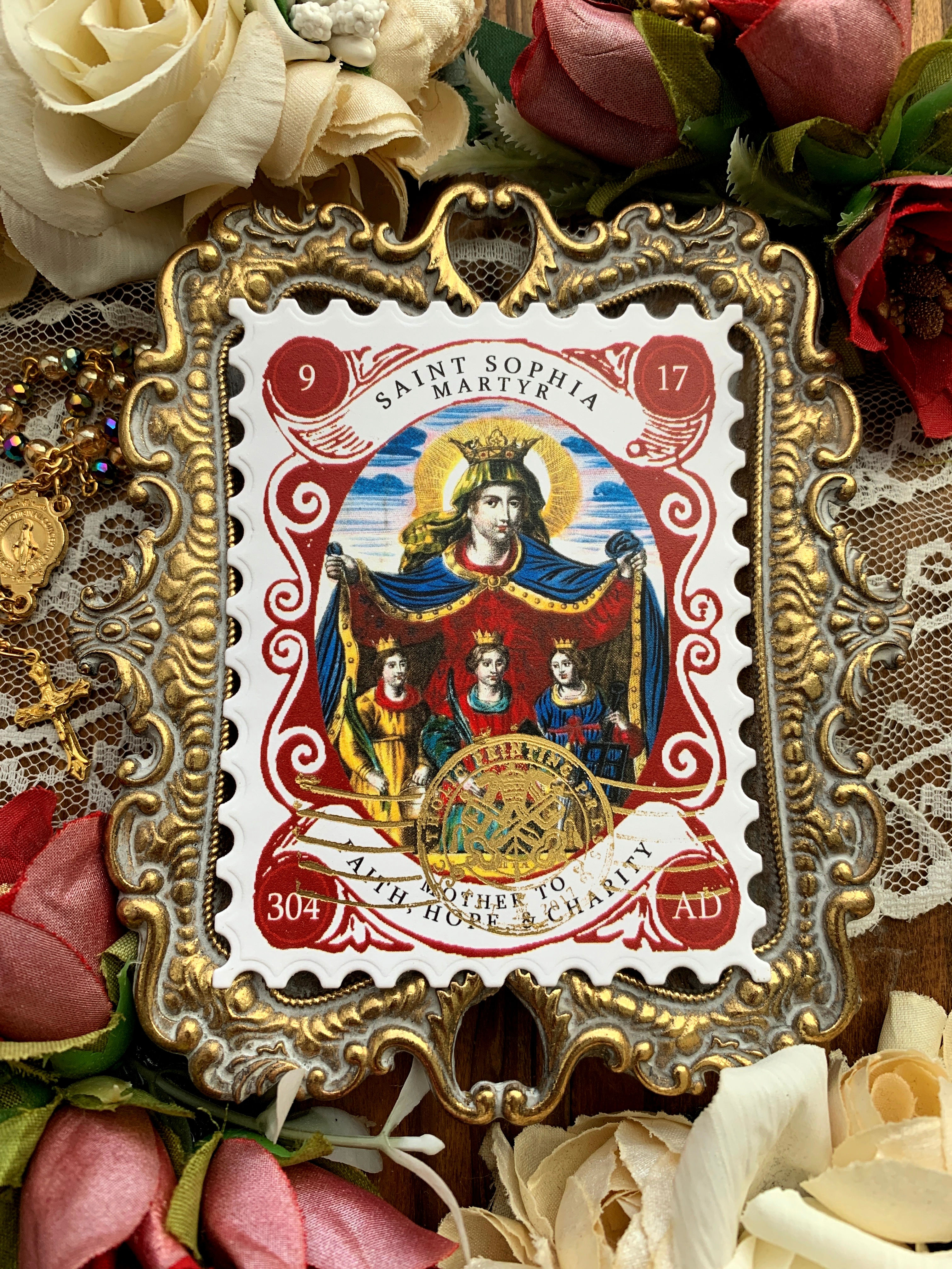 Saint Sophia and Daughters Gold Foil Postage Stamp Saint Holy Card