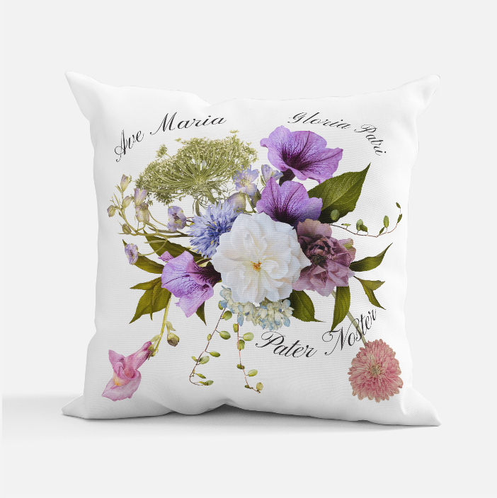 Latin Floral Spiritual Bouquet Catholic Decor Pillow