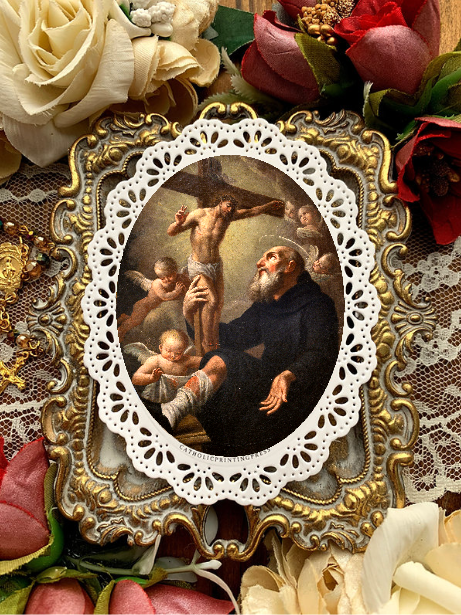 Saint Peregrine chantilly oval paper lace holy card