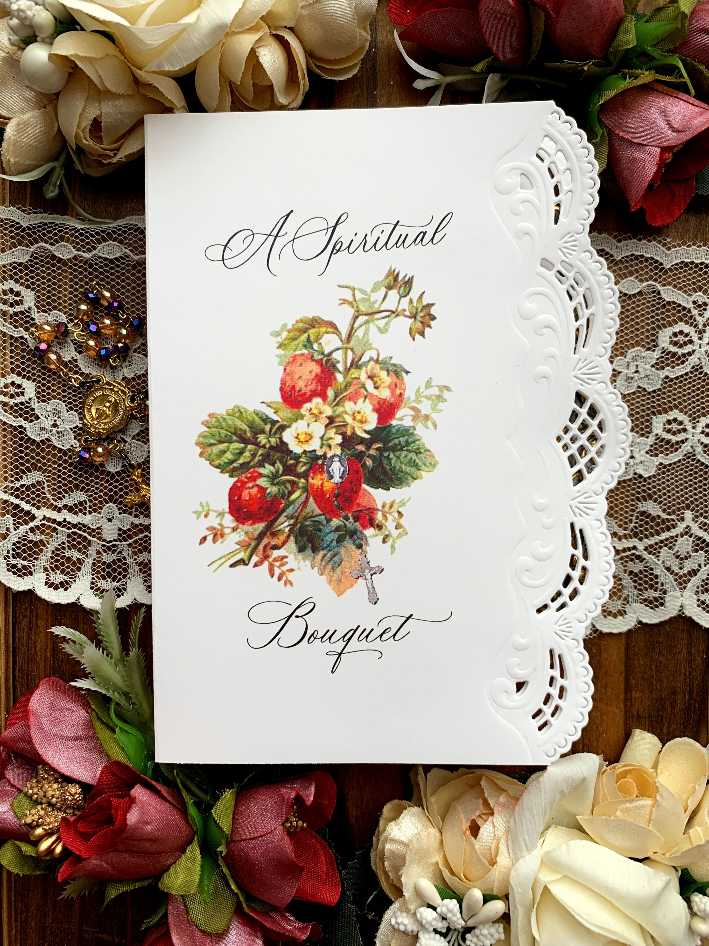 Strawberry Blossom Spiritual Bouquet lace greeting card