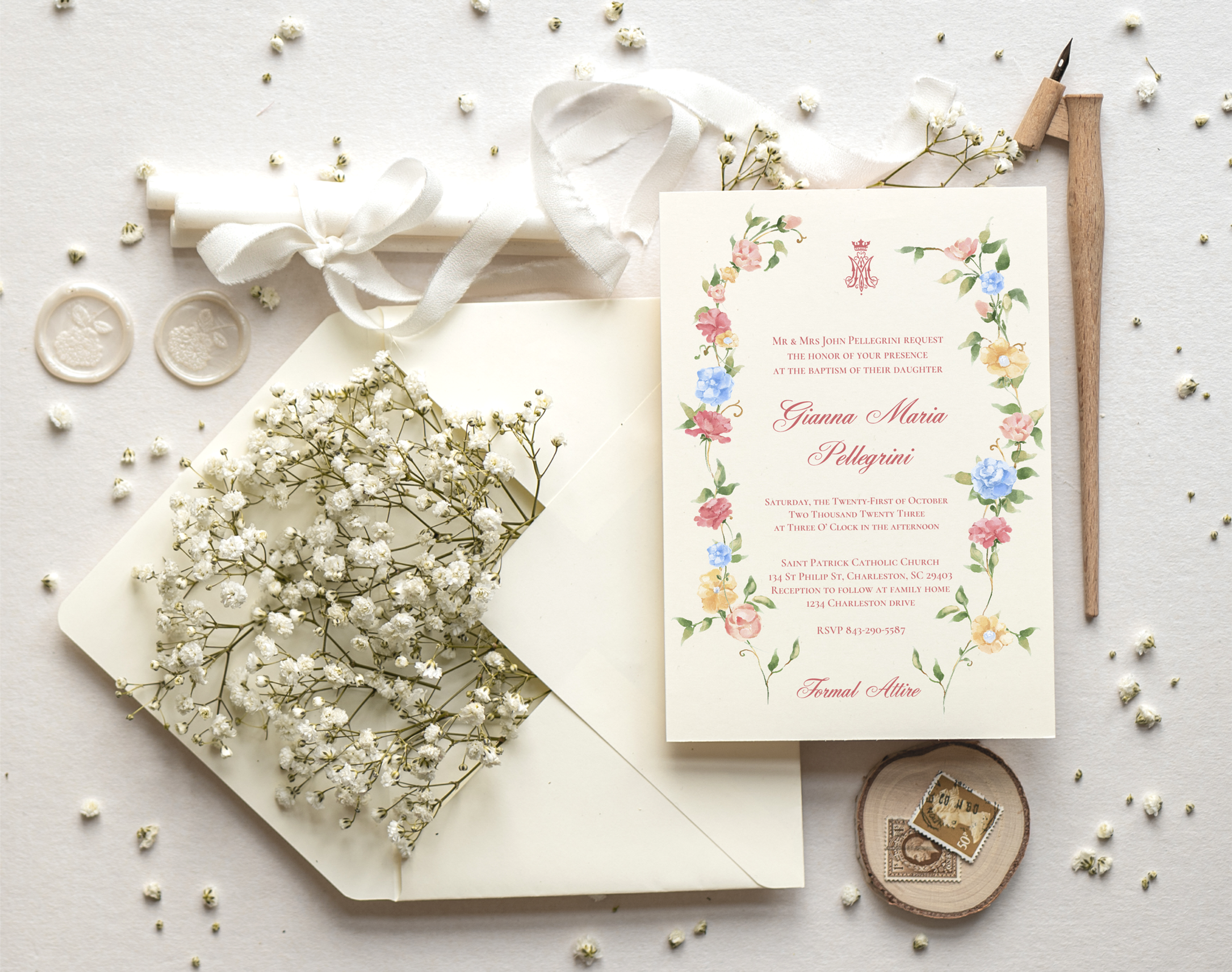 Floral Auspice Catholic Baptism Invitations
