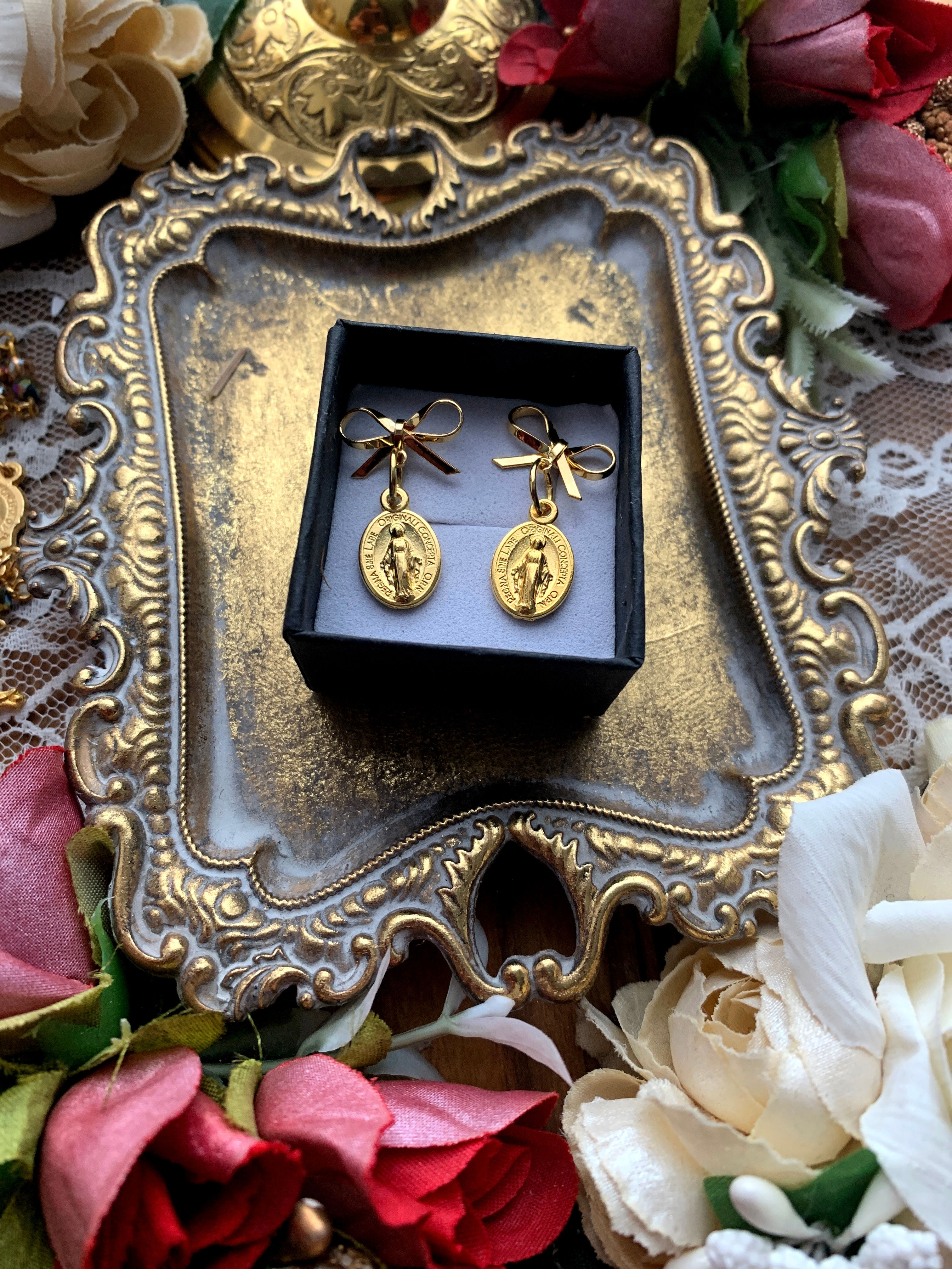 Miraculous Medal Dainty Gold Bow Earrings