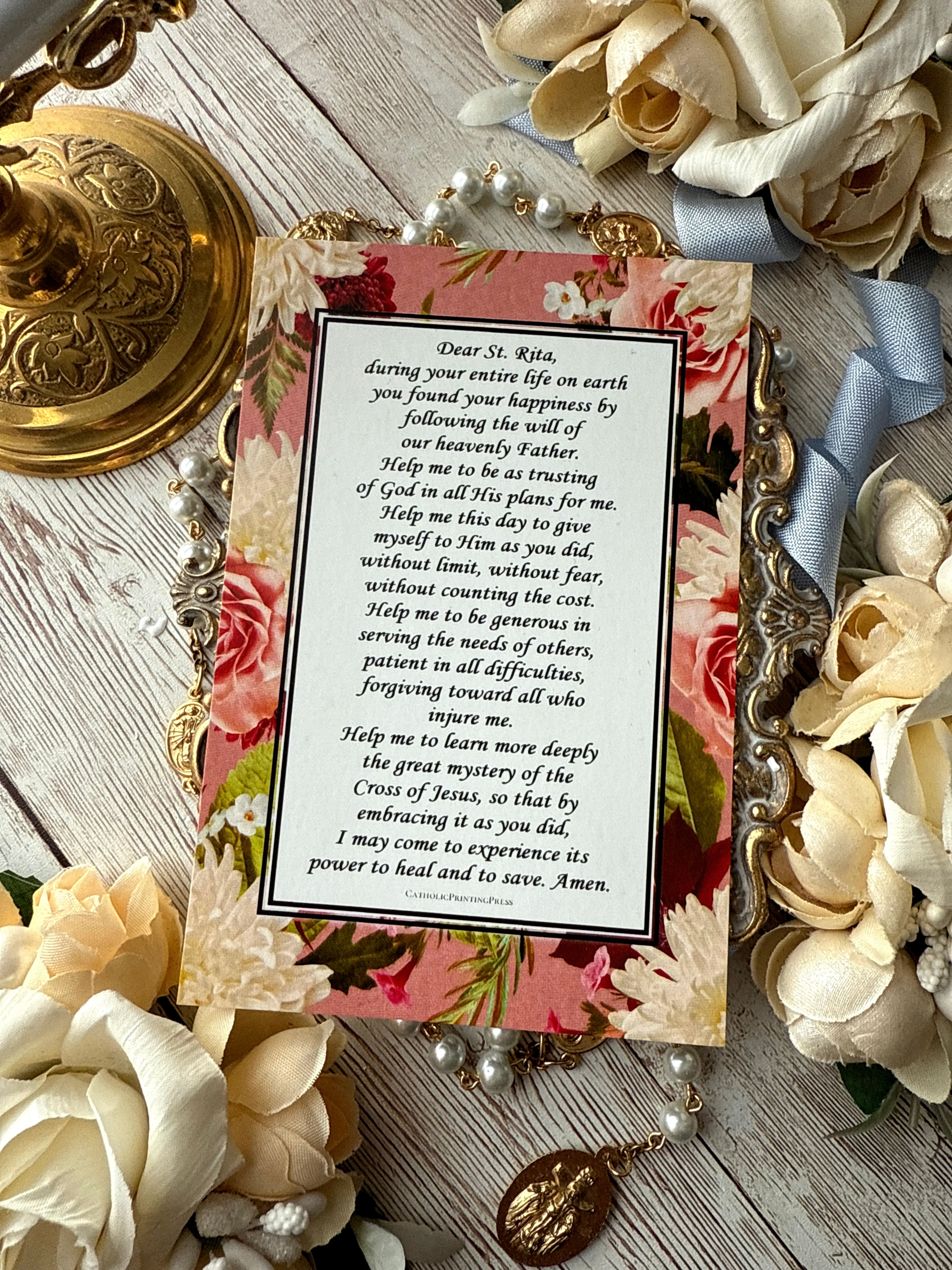 Saint Rita Prayer Floral Catholic Bookmark Card