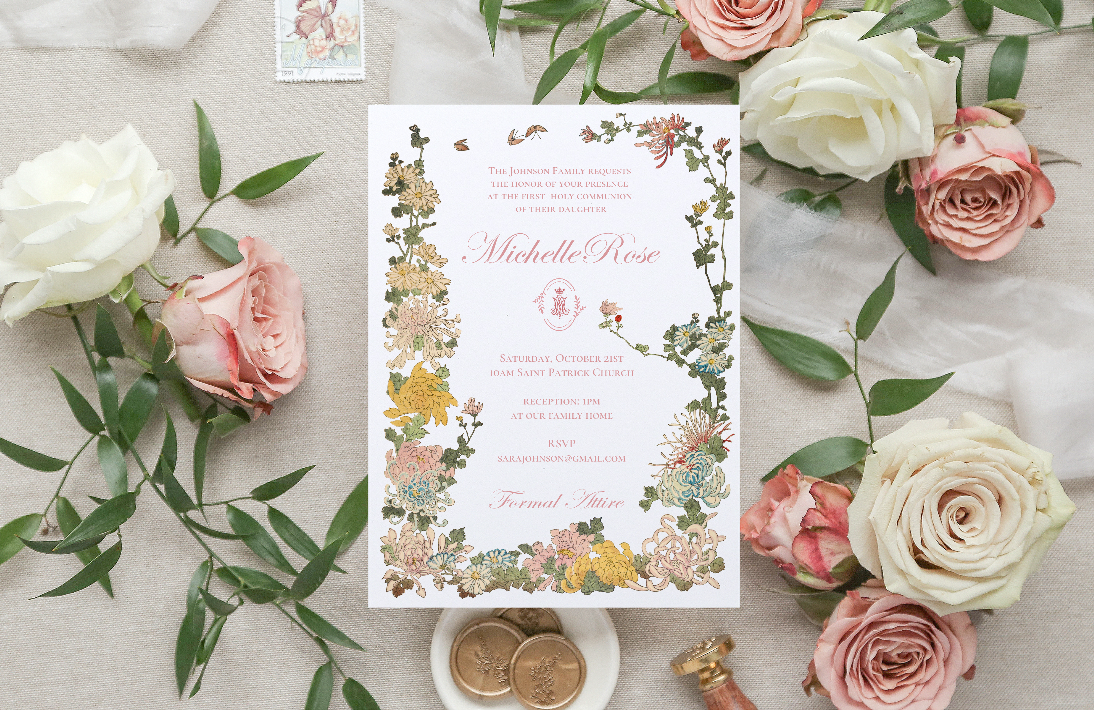 Chrysanthemum Catholic First Communion Invitations