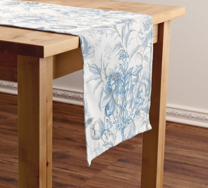 Marian Blue Floral Altar Catholic Table Runner (14×72, handmade USA)