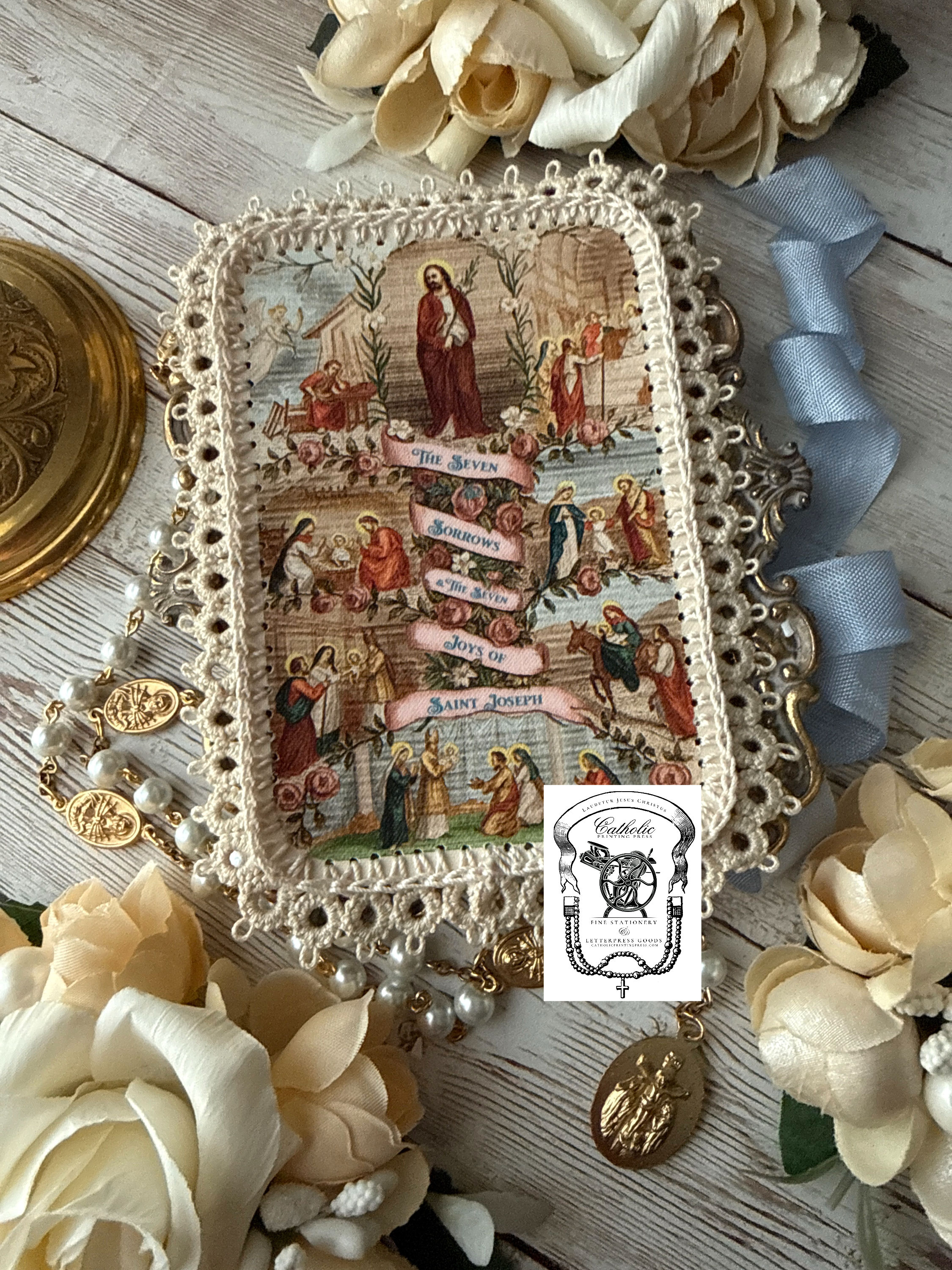 Seven Sorrows & Joys of Saint Joseph fabric lace holy card detente