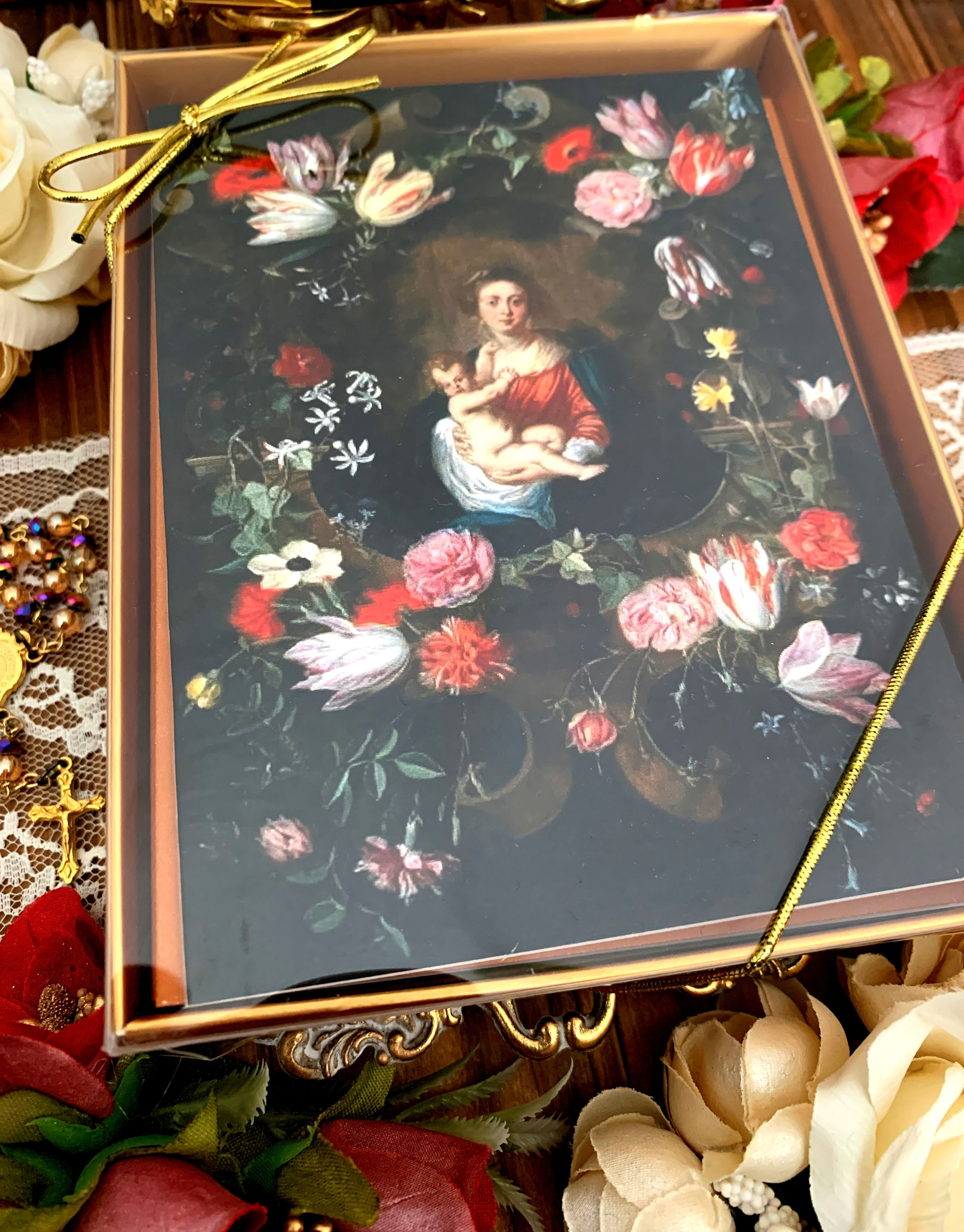 Madonna and Child in Cartouche and Tulip Garland Baroque Catholic Greeting Cards