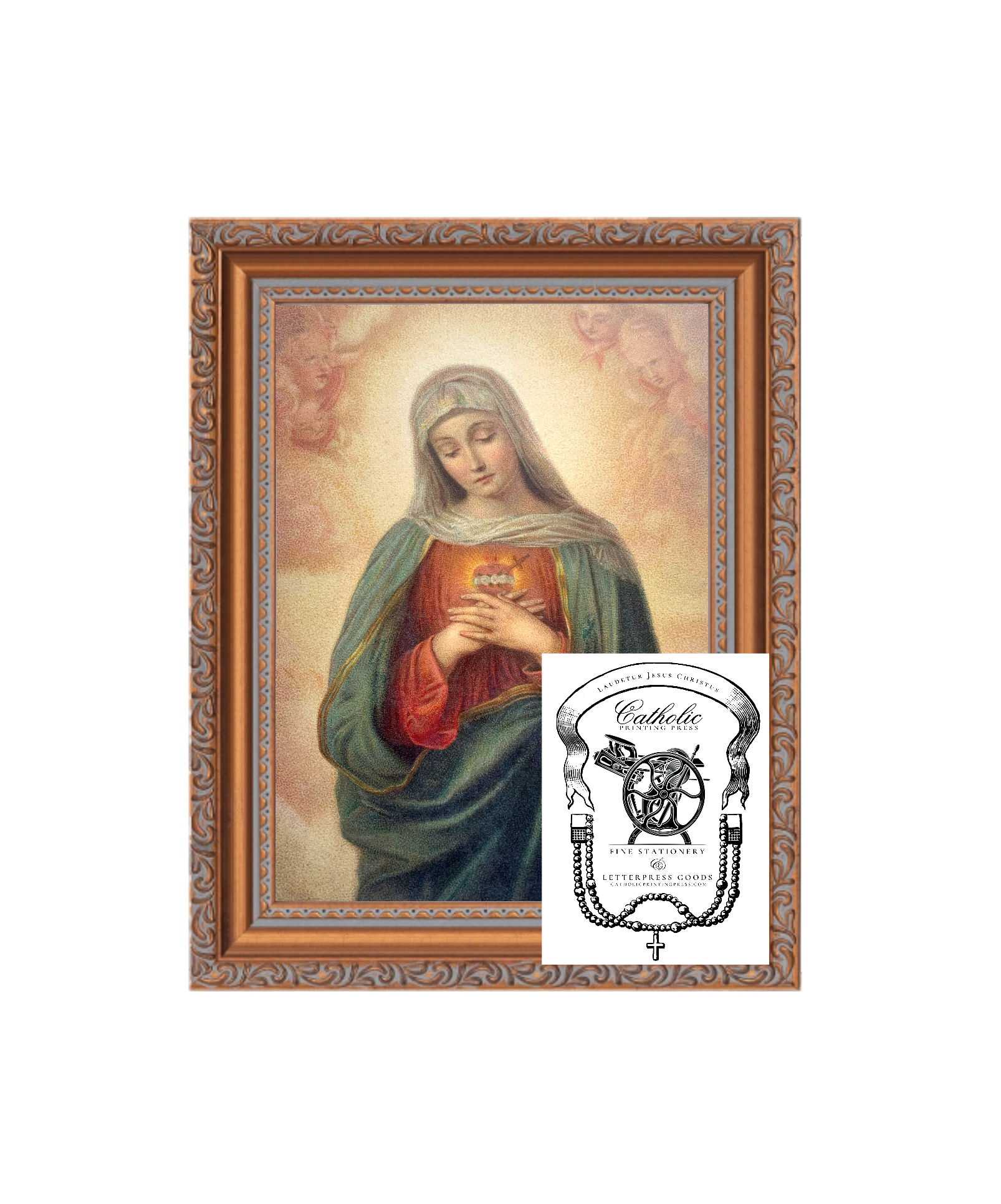 Pastel Immaculate Heart Tarnished Copper Baroque Framed Catholic Art