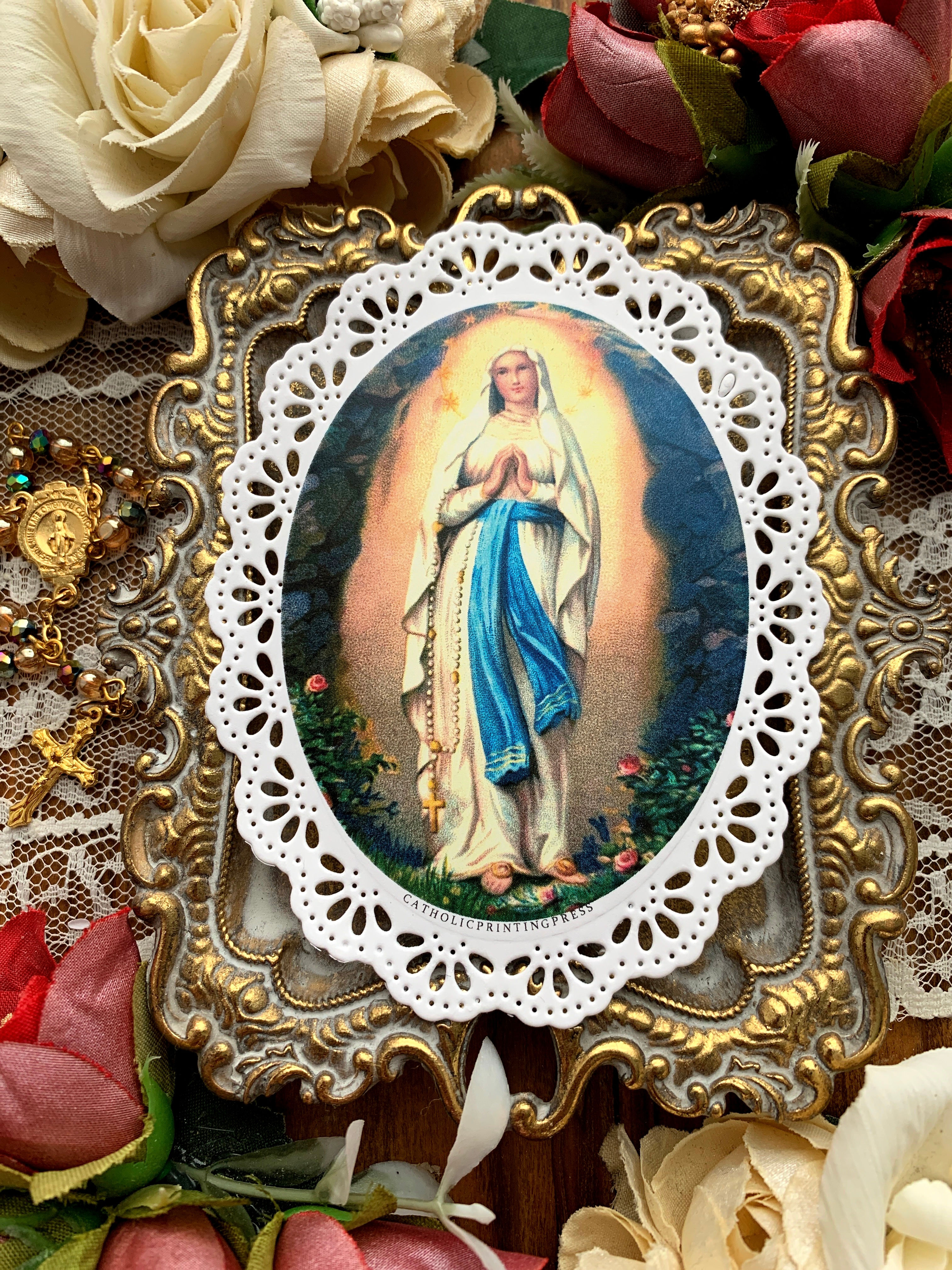 Our Lady of Lourdes chantilly oval paper lace holy cards