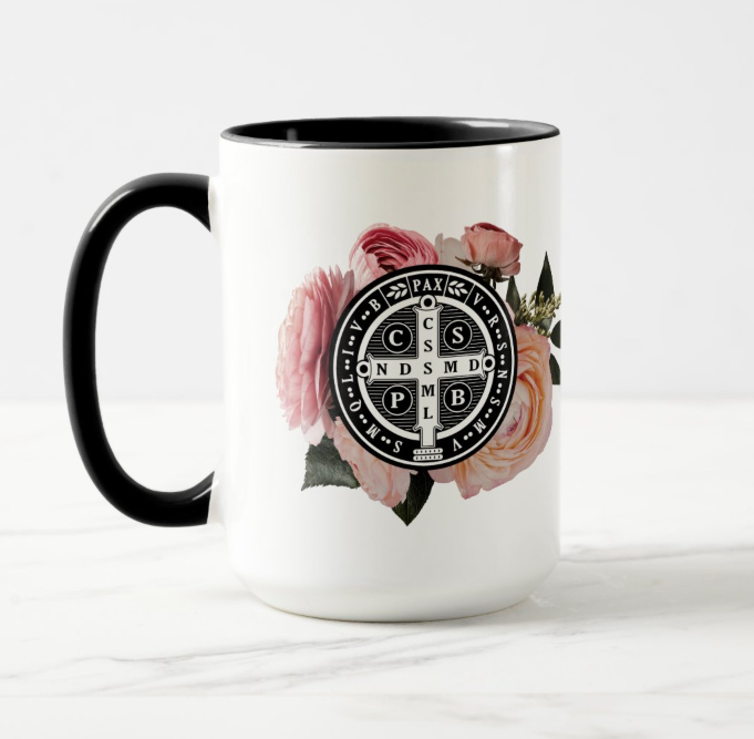 Saint Benedict Ranunculus Rose Floral Catholic Mug