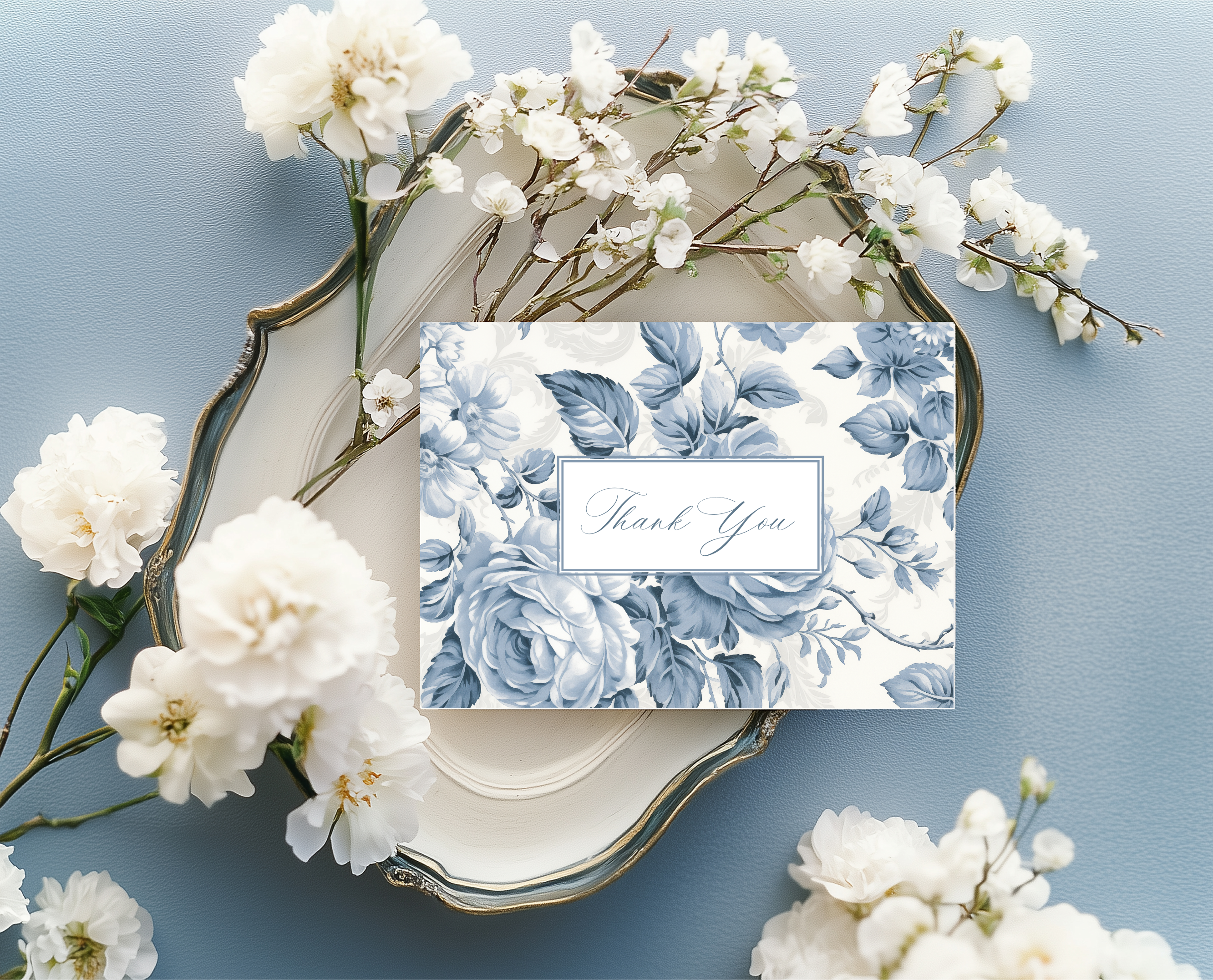 Blue Rose Toile Catholic Wedding Thank You