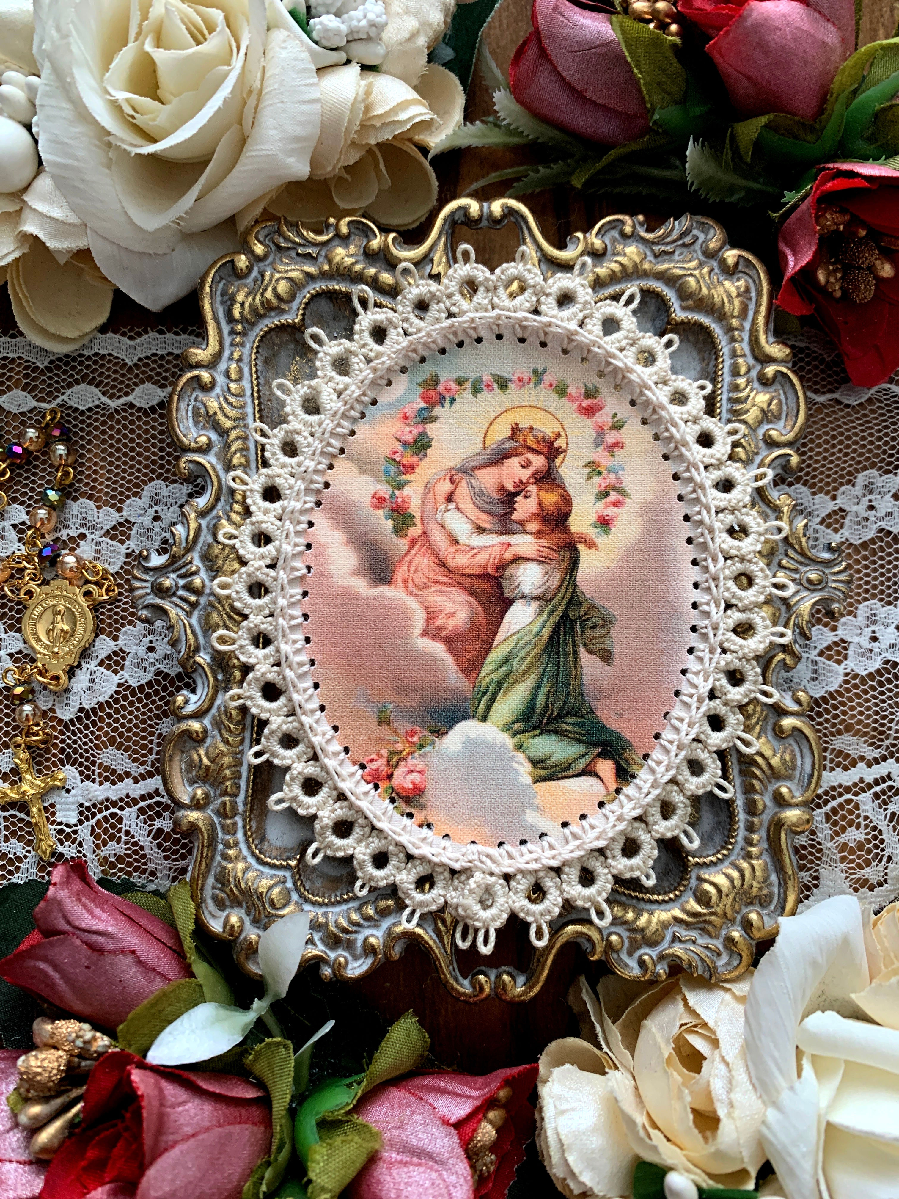 Mother of Consolation fabric lace holy card detente