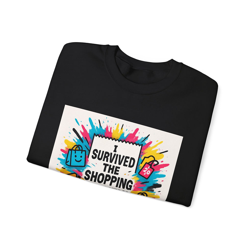 Thumbnail: Crewneck Sweatshirt — "I Survived the Shopping Frenzy" Colorful Graphic