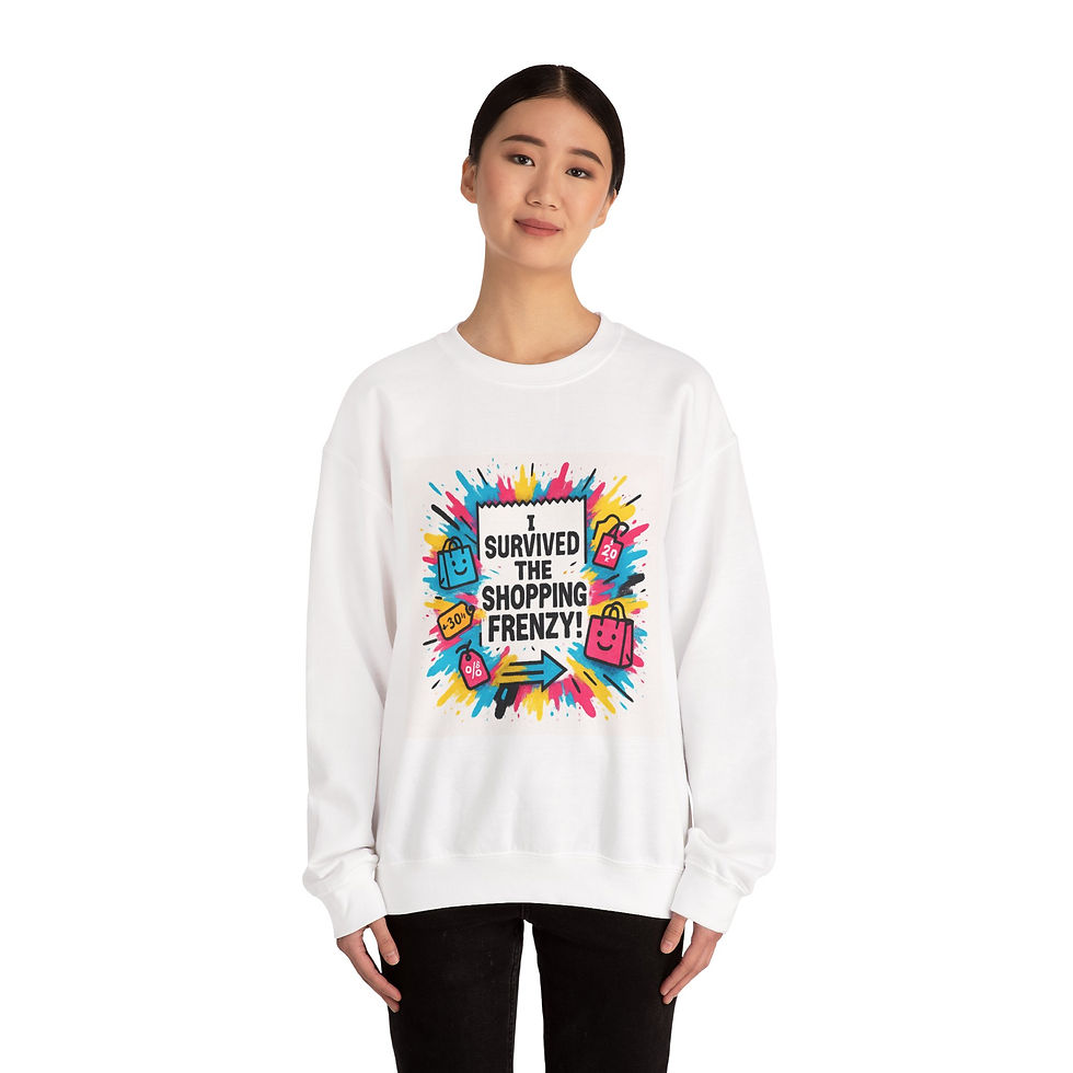 Thumbnail: Crewneck Sweatshirt — "I Survived the Shopping Frenzy" Colorful Graphic