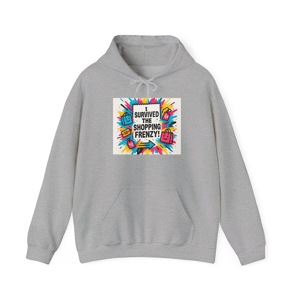 Thumbnail: Hoodie — "I Survived the Shopping Frenzy" Colorful Graphic Pullover