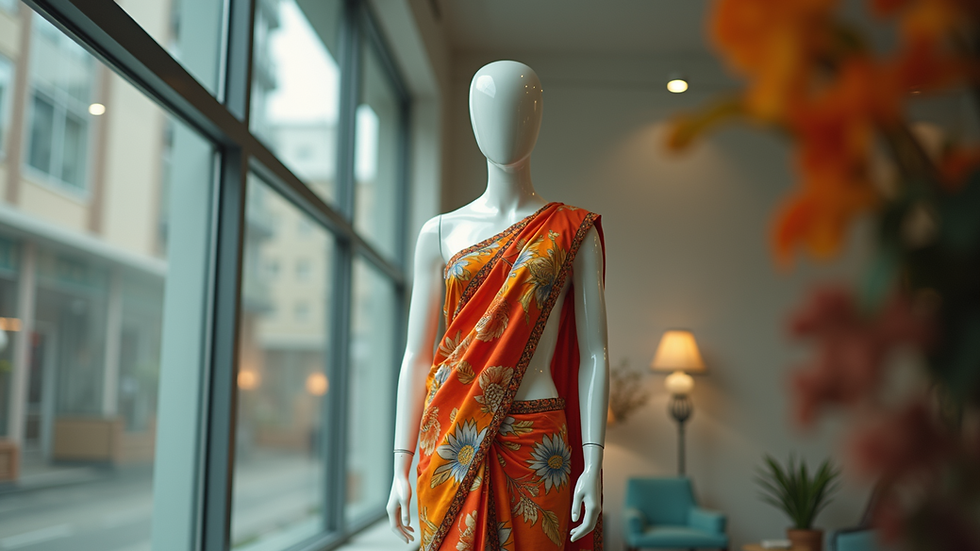 Eye-level view of a mannequin dressed in a modern saree with bold prints