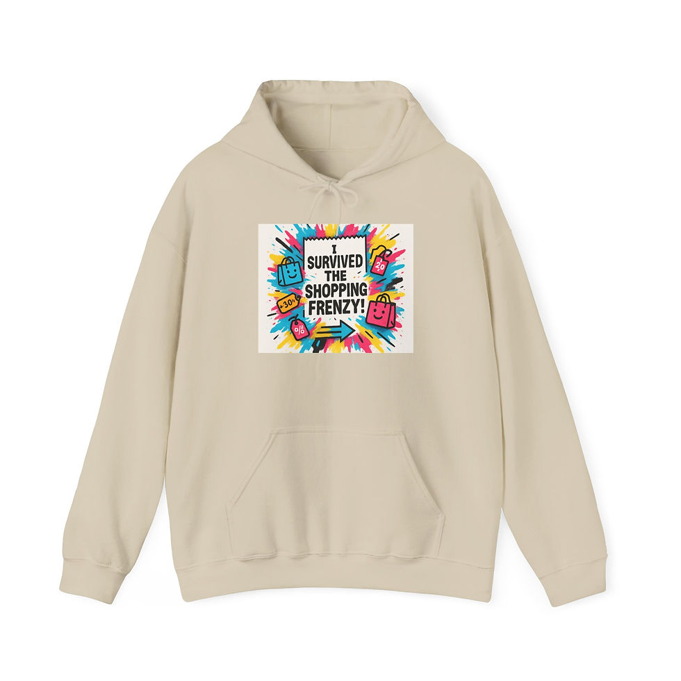 Thumbnail: Hoodie — "I Survived the Shopping Frenzy" Colorful Graphic Pullover