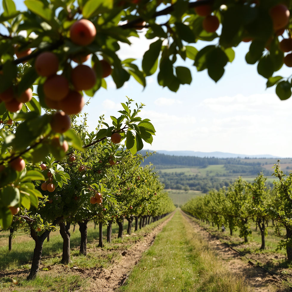 Boomgaard met rijen fruitbomen vol oranje vruchten onder groene bladeren. Helder blauwe lucht en heuvels op de achtergrond. Rustige sfeer.