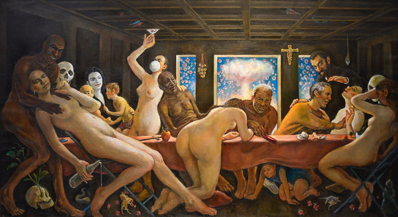 Love in The Tme of Covid. Final Supper. 44" x 82" 2020