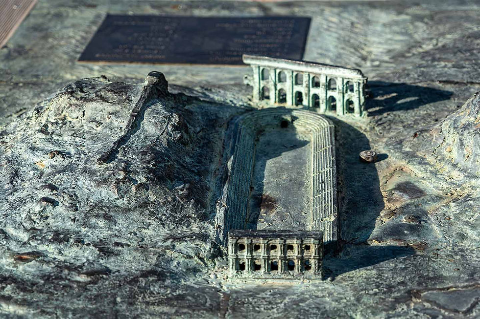 Roman Stadium of Philippopolis – part of a bronze model of Roman Philippopolis near the museum complex "Episcopal Basilica of Philippopolis"