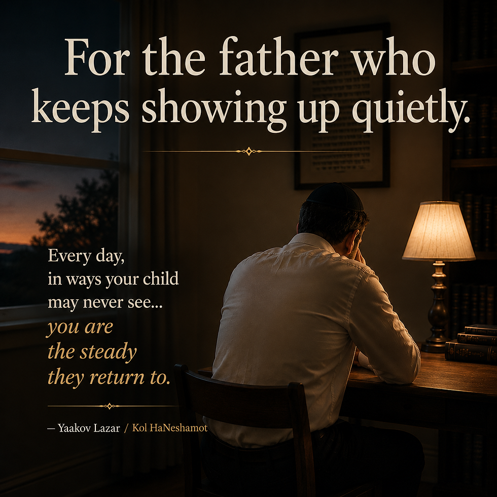Orthodox Jewish father sitting on a couch at 2 A.M., quietly waiting with a coffee mug nearby — symbolizing emotional presence and quiet support for his struggling teen.